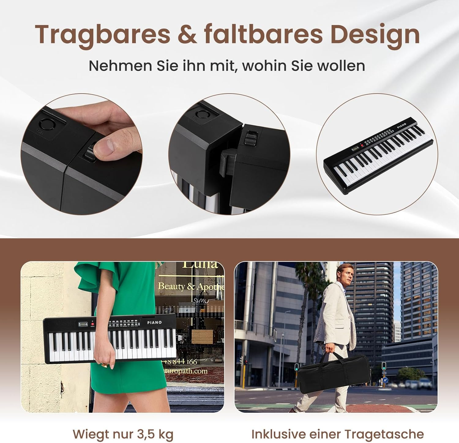 Zusammenklappbare Tastatur mit Tragetasche und Mann geht durch die Stadt.