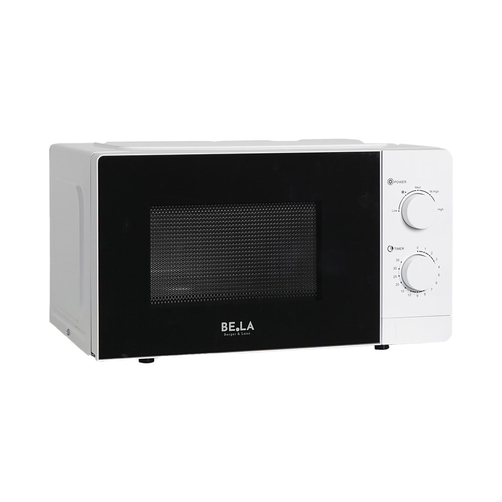 Un micro-ondes blanc avec une porte noire et deux molettes pour la puissance et le temps.