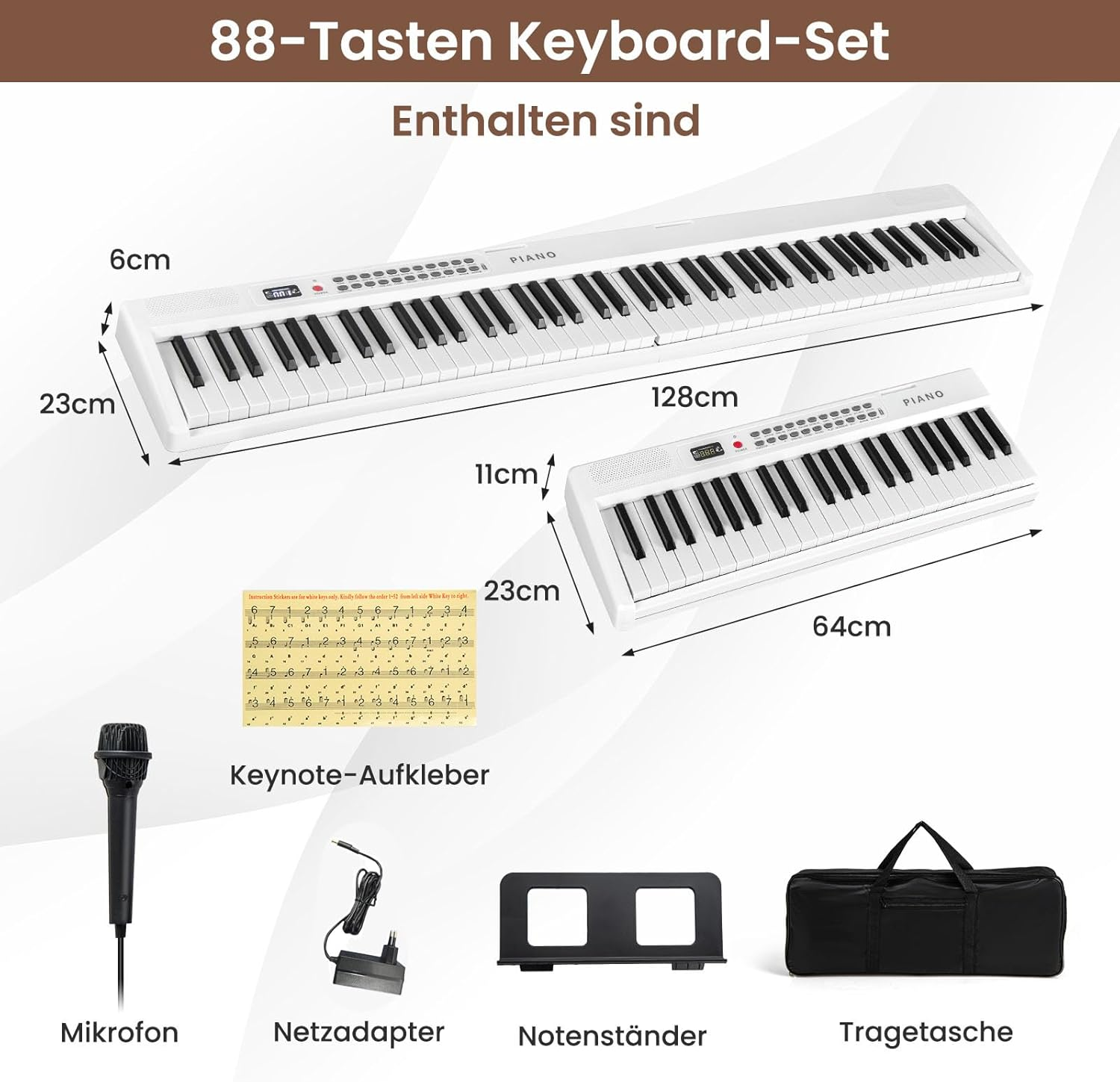 Ein 88-Tasten Keyboard-Set mit Mikrofon, Netzadapter, Notenständer und Tasche.
