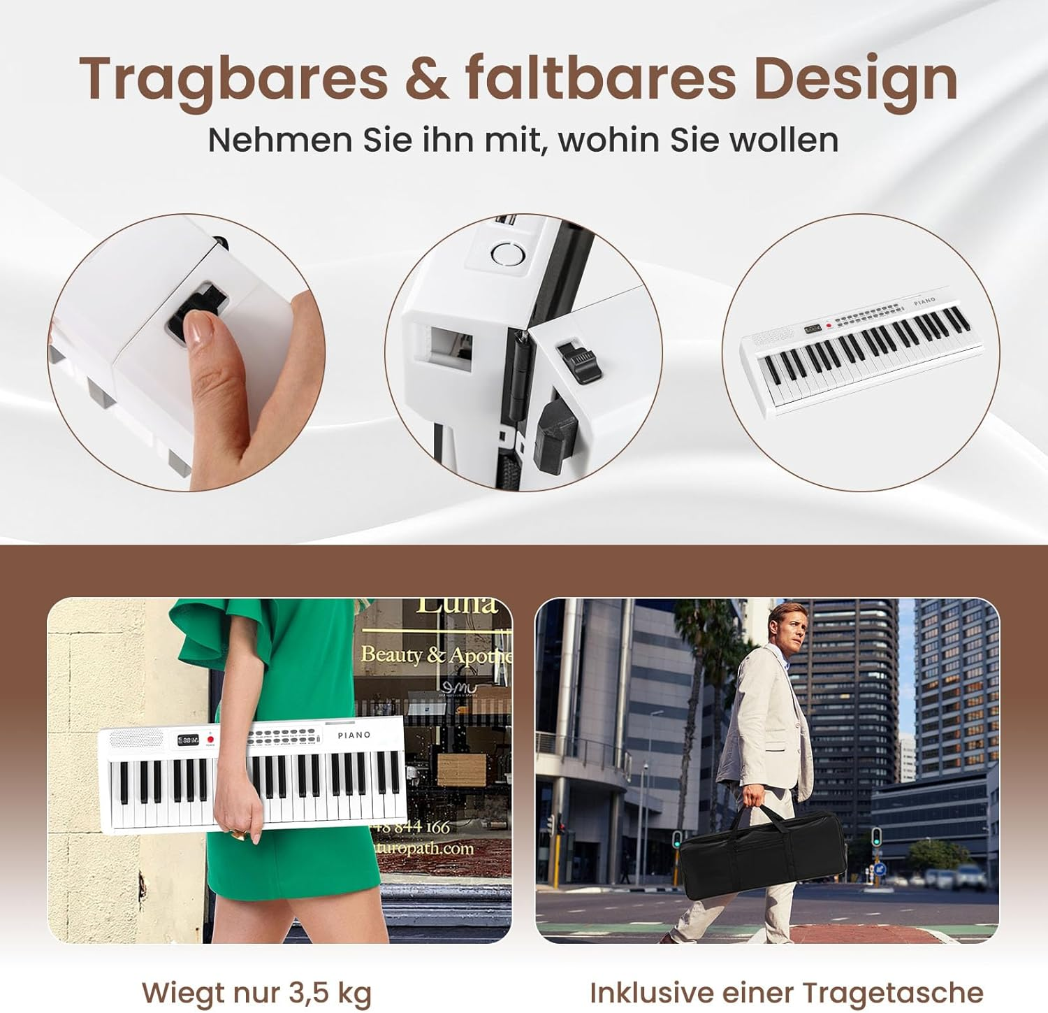 Tragbares Klavier mit faltbarem Design, gehalten von einer Person und getragen von einem Mann.