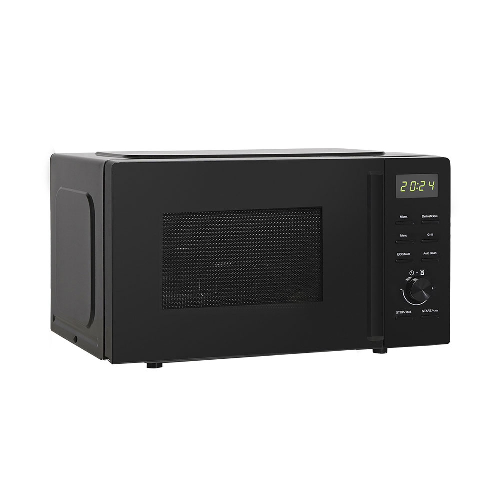 Micro-ondes noir avec écran numérique 20:24 et panneau de commande.