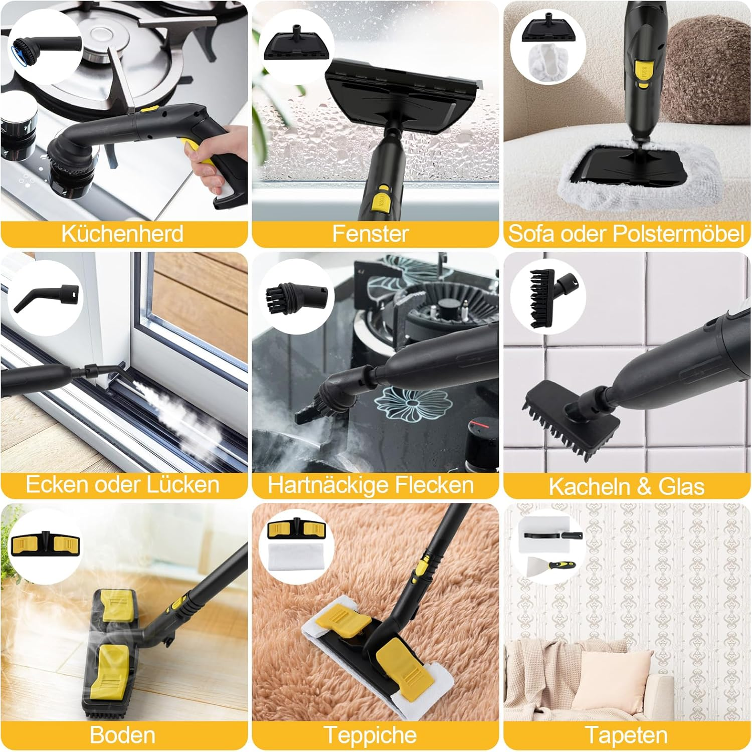 Dampfreiniger-Anwendungsvielfalt: Küche, Fenster, Sofa, Ecken, Flecken, Fliesen, Boden, Teppich, Tapeten.