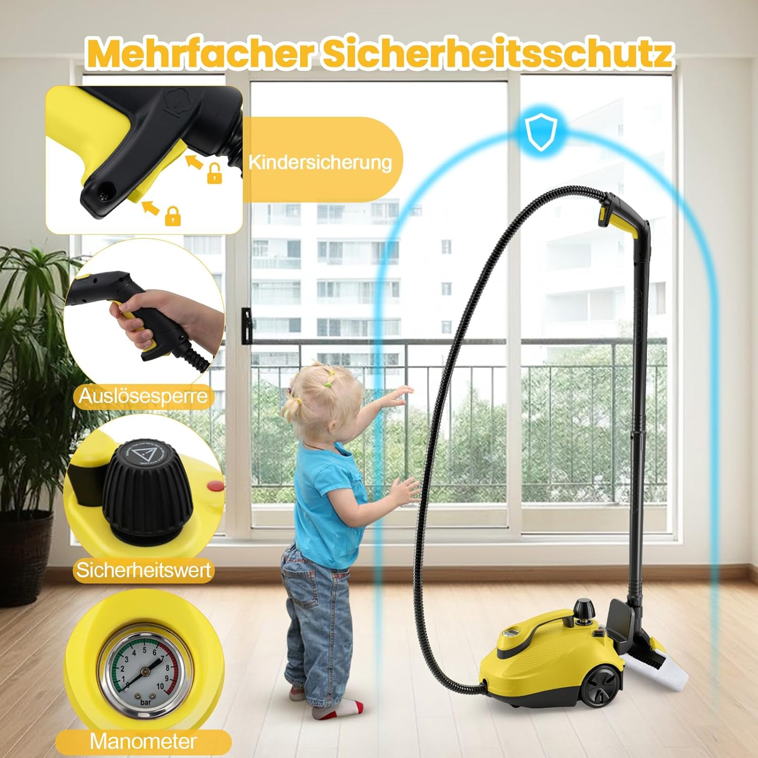 Ein gelber Dampfreiniger mit Schlauch und ein kleines Kind stehen vor einem Fenster.