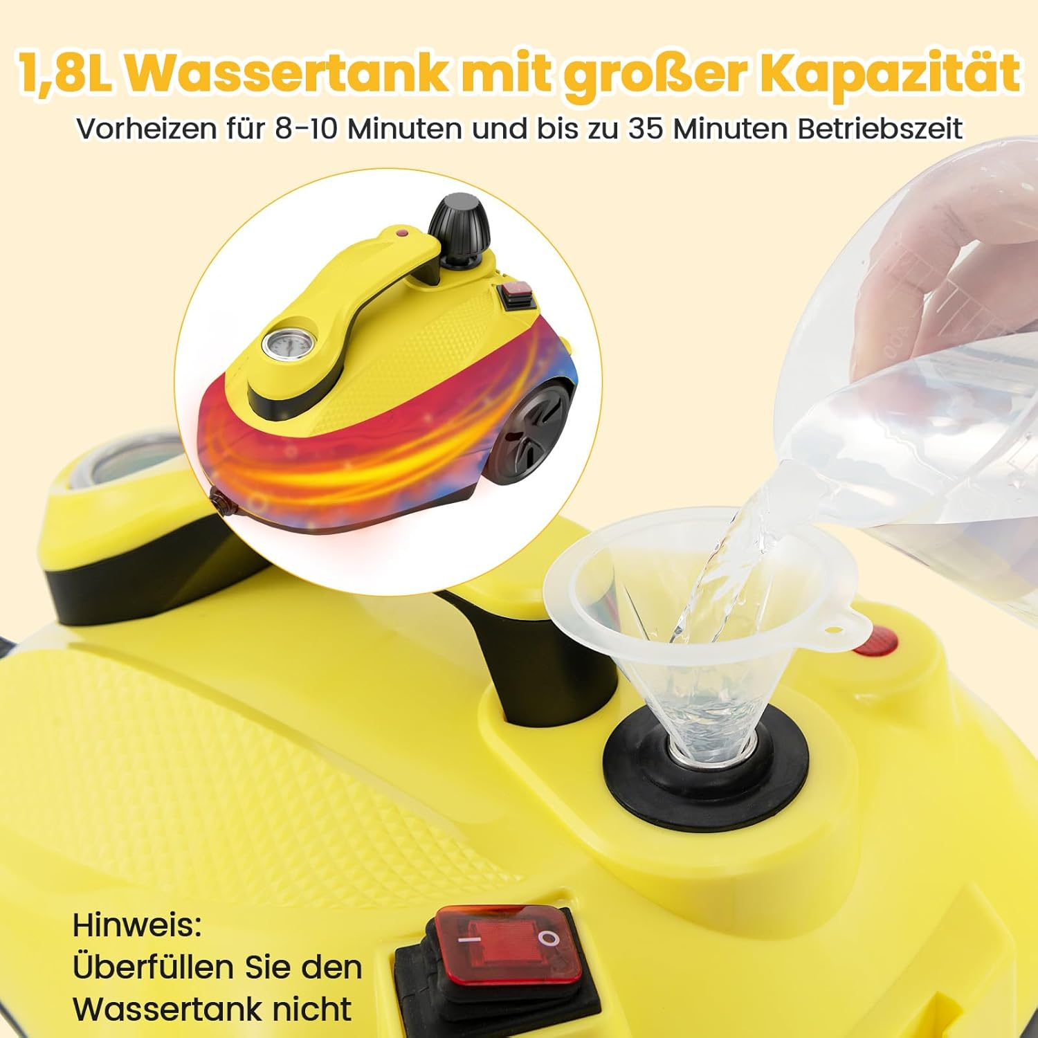 Gelber Dampfreiniger, Wasser wird in Trichter gegossen. Text: 1,8L Tank, 8-10 Min Vorheizen.