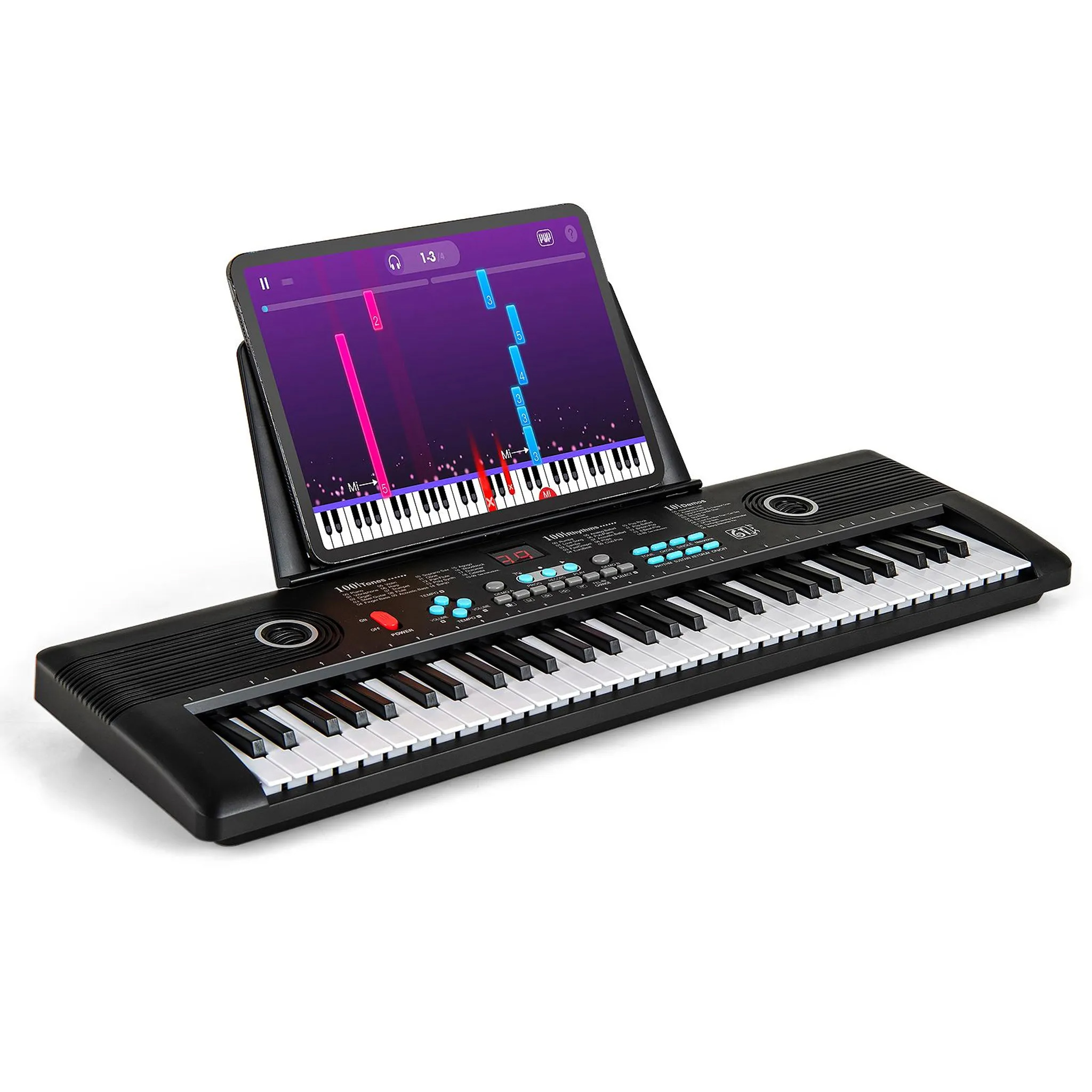 Schwarzes Keyboard mit Tablet, das eine Musik-App anzeigt.