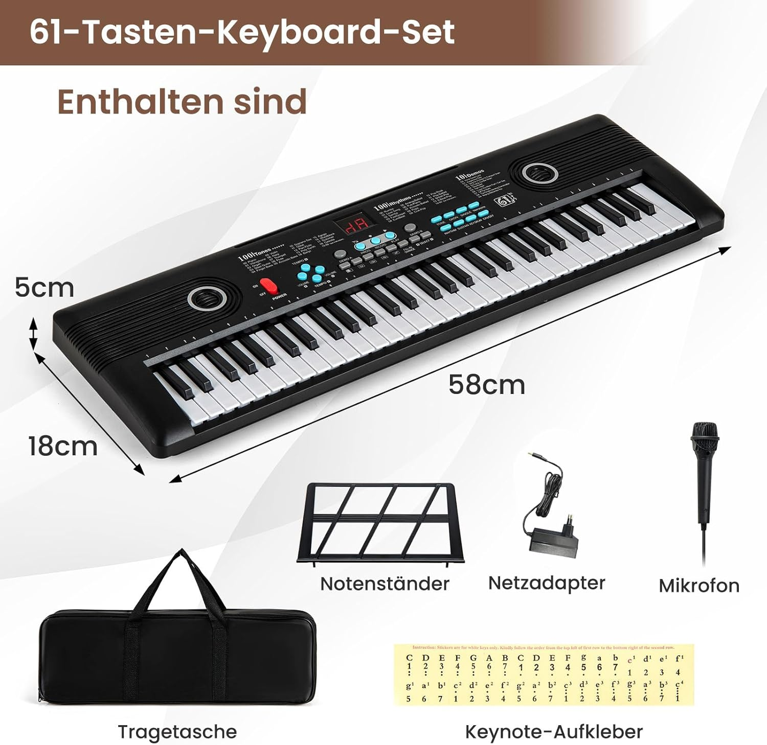 61-Tasten-Keyboard-Set mit Zubehör: Tasche, Ständer, Netzadapter, Mikrofon und Aufklebern.