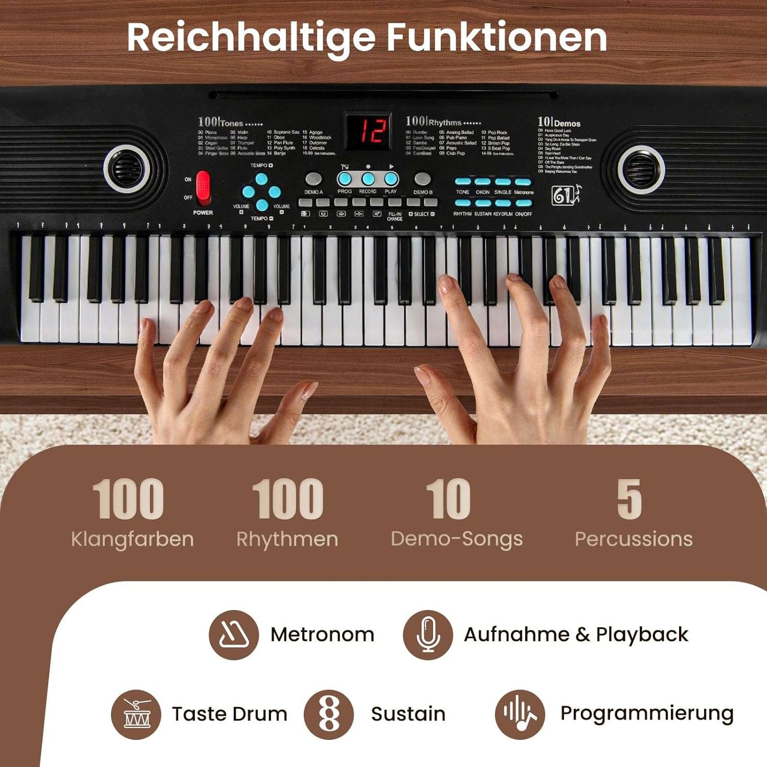 Hände spielen auf einer Tastatur mit vielen Knöpfen und Zahlen. Oben steht 'Reichhaltige Funktionen'.