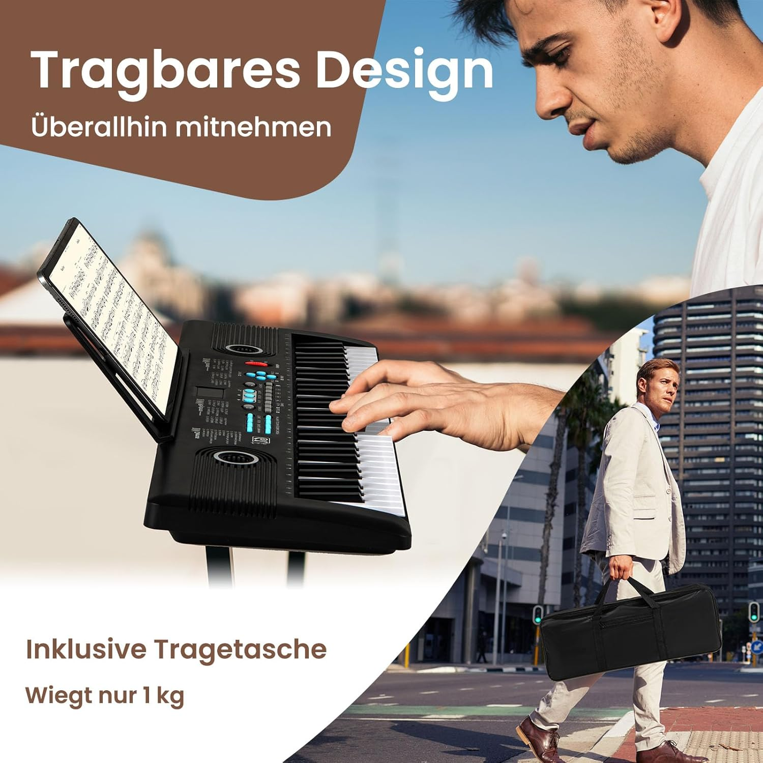 Mann spielt Keyboard, ein anderer Mann trägt eine schwarze Tasche in der Stadt.