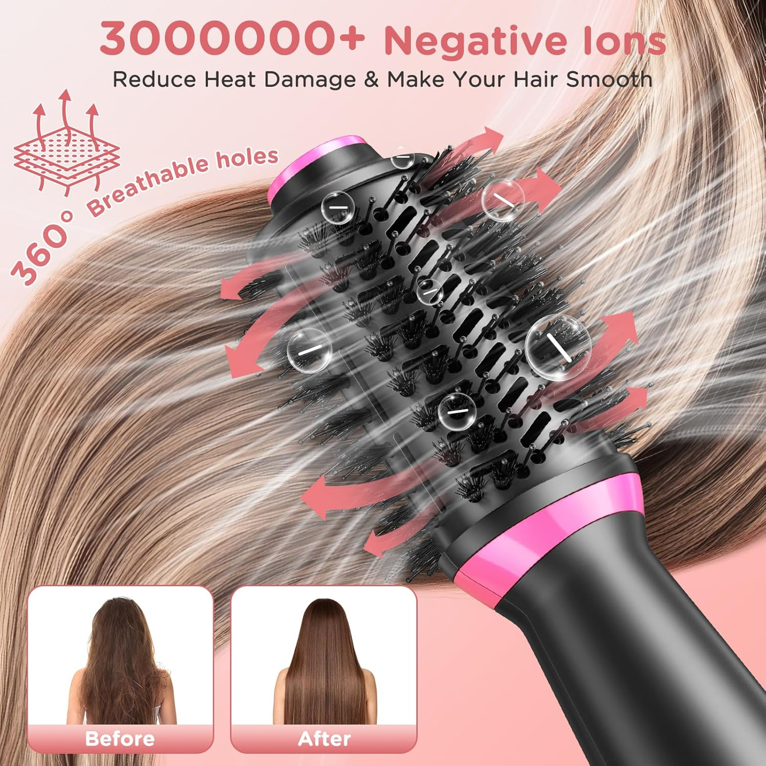 Ein Haartrockner mit Bürste, der negative Ionen erzeugt, zeigt Vorher-Nachher-Ergebnisse.
