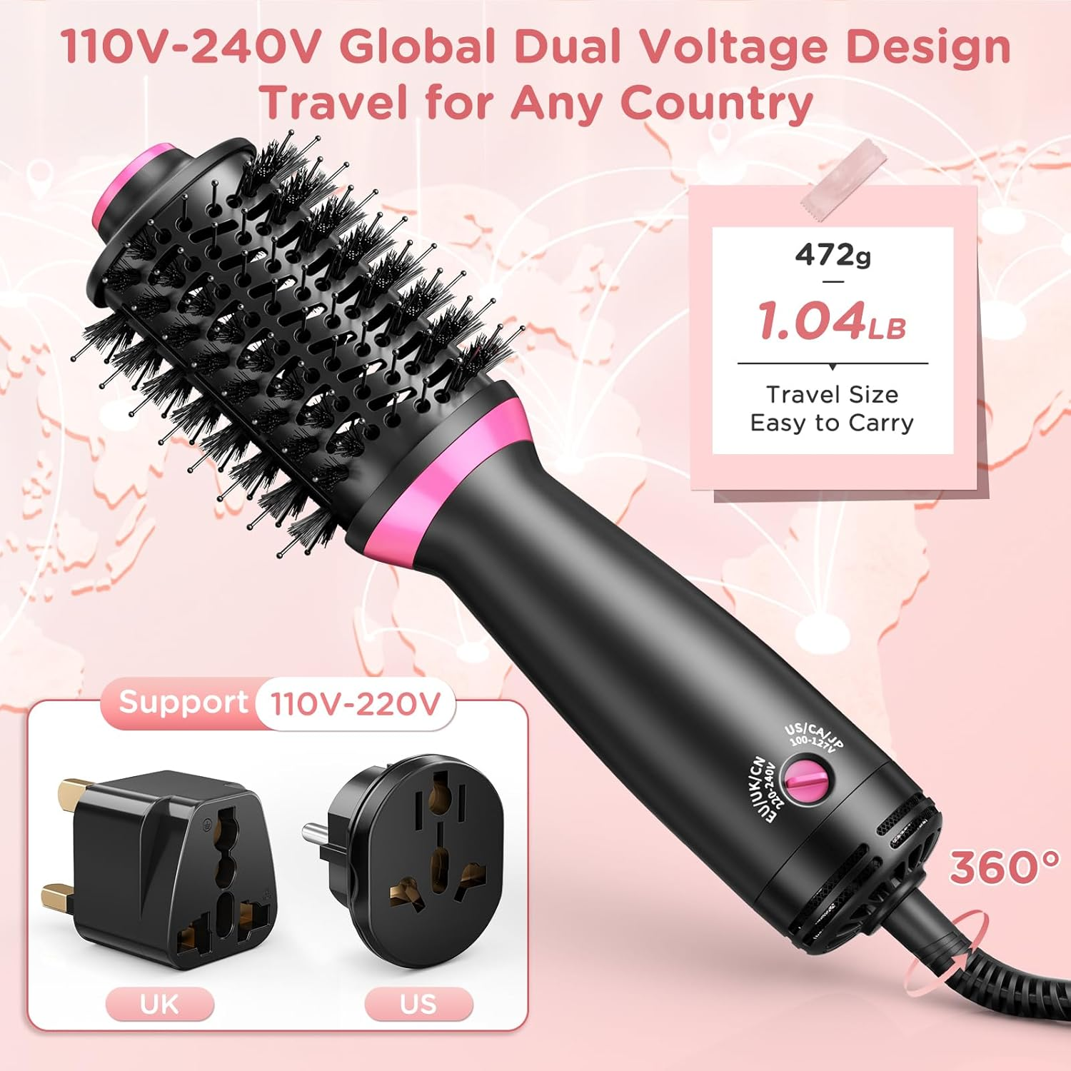 Ein schwarzer und pinker Haartrockner mit Adaptern für UK und US. Er ist leicht und global einsetzbar.