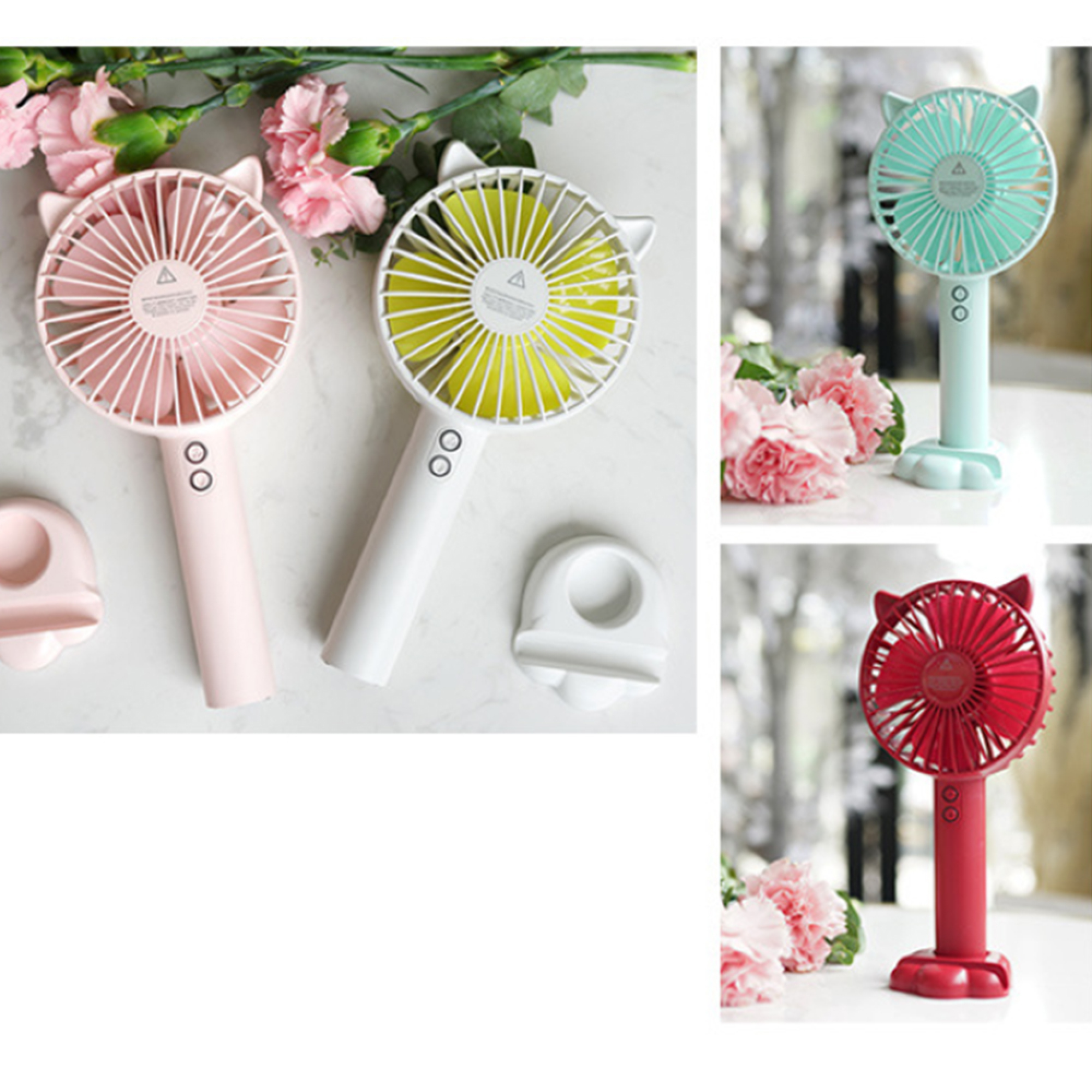 Drei Lüfter in Pink, Weiß und Mintgrün mit Katzenohren, daneben Blumen.
