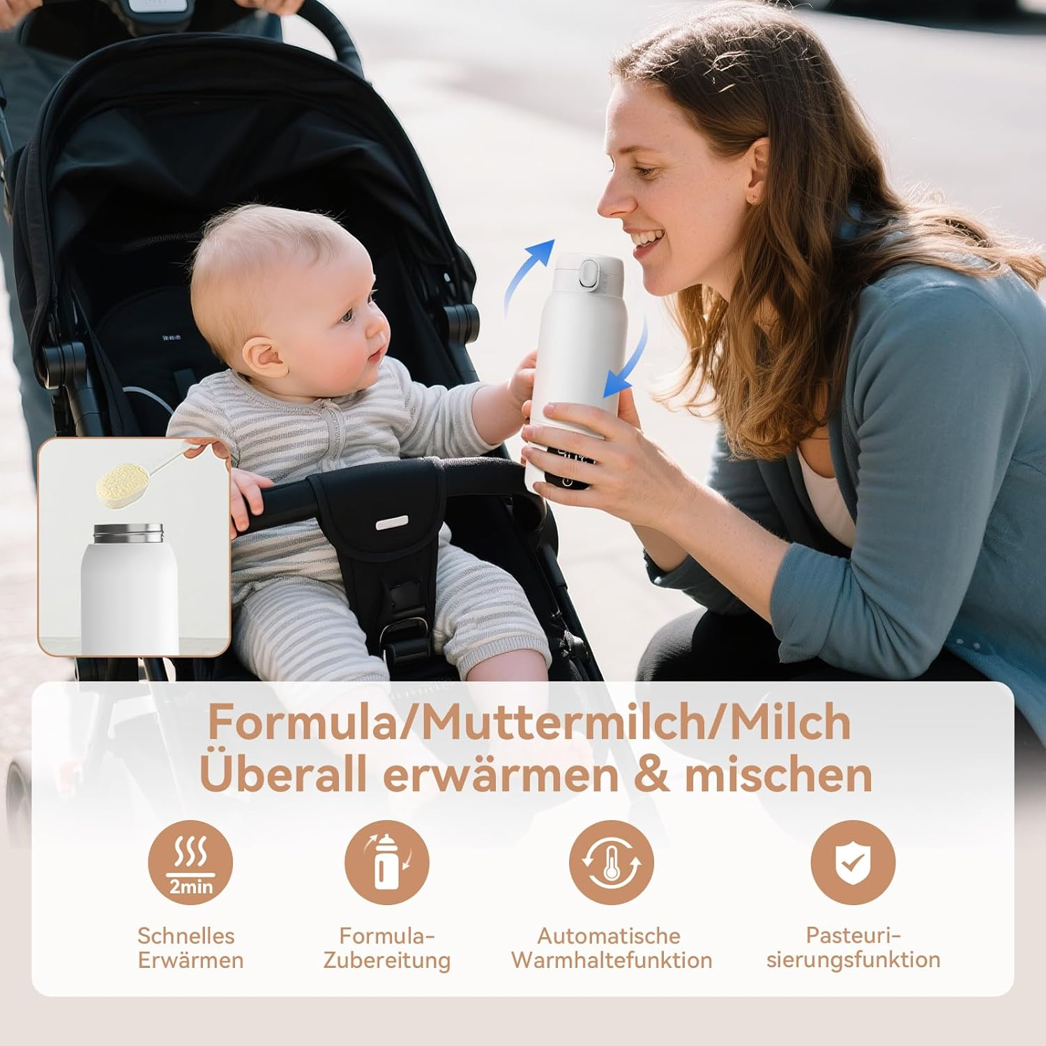 Eine Frau hält eine weiße Flasche neben einem Baby im Kinderwagen. Text beschreibt Funktionen.
