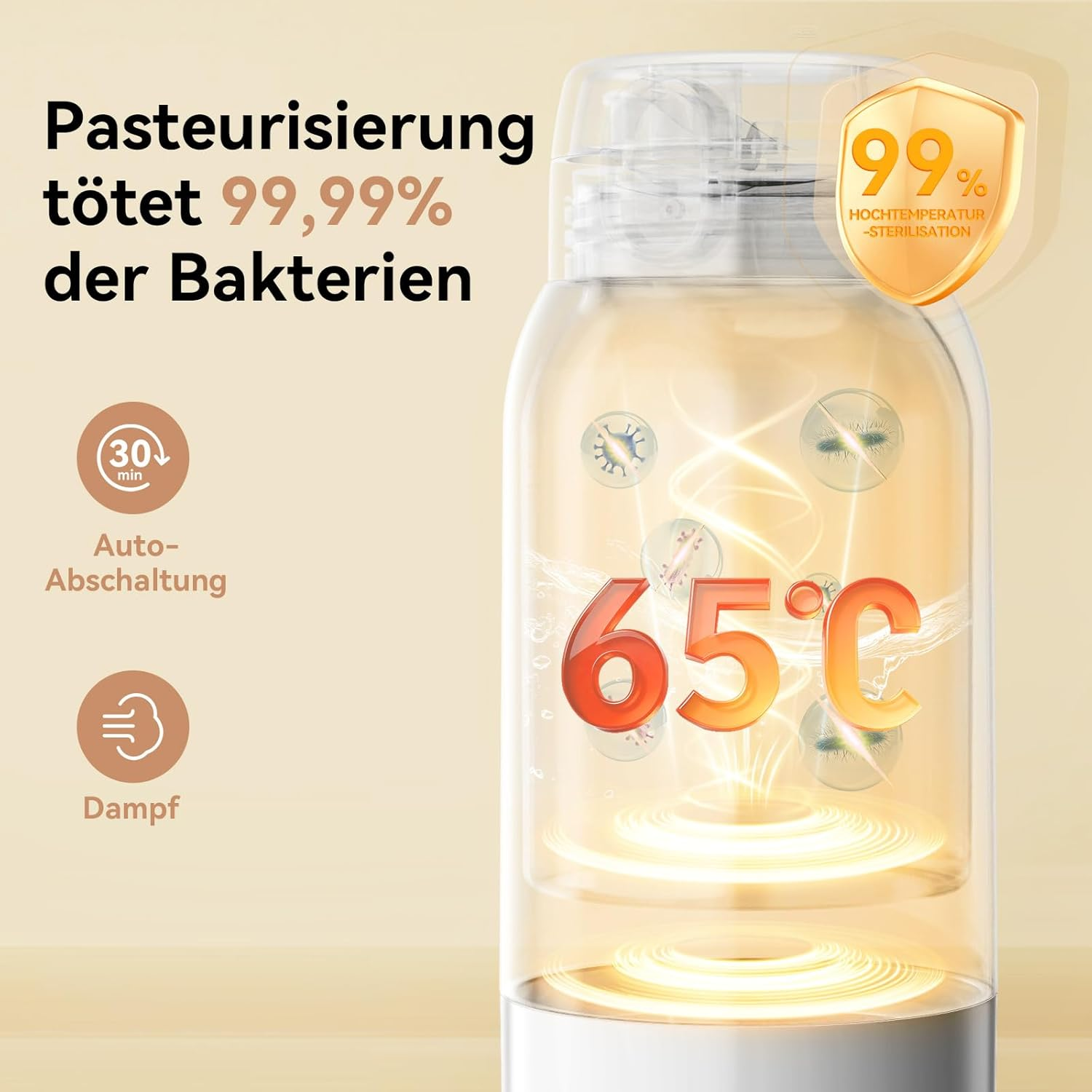 Ein Dampfsterilisator tötet 99,99% der Bakterien bei 65°C in 30 Min.