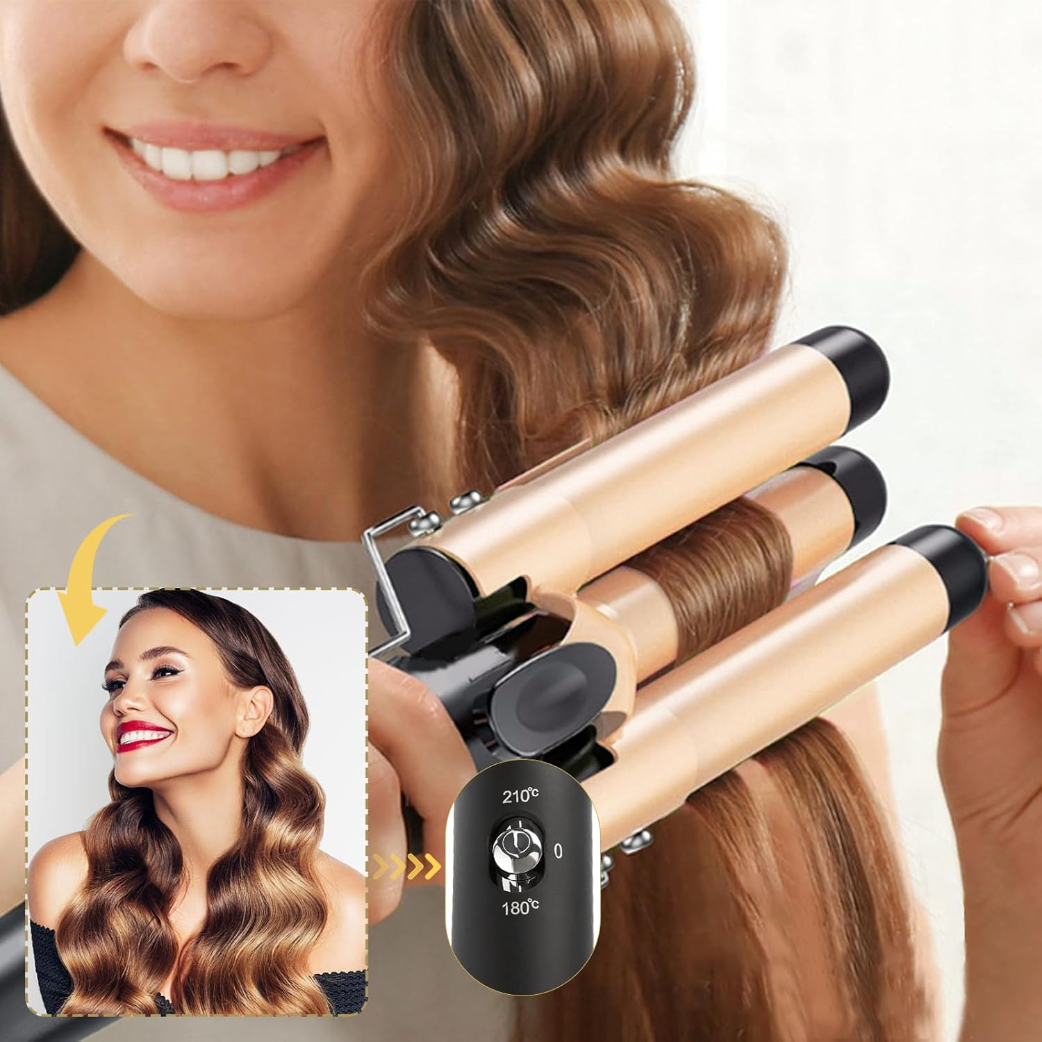 Eine Frau stylt ihr Haar mit einem dreifachen Lockenstab, der Wellen erzeugt.
