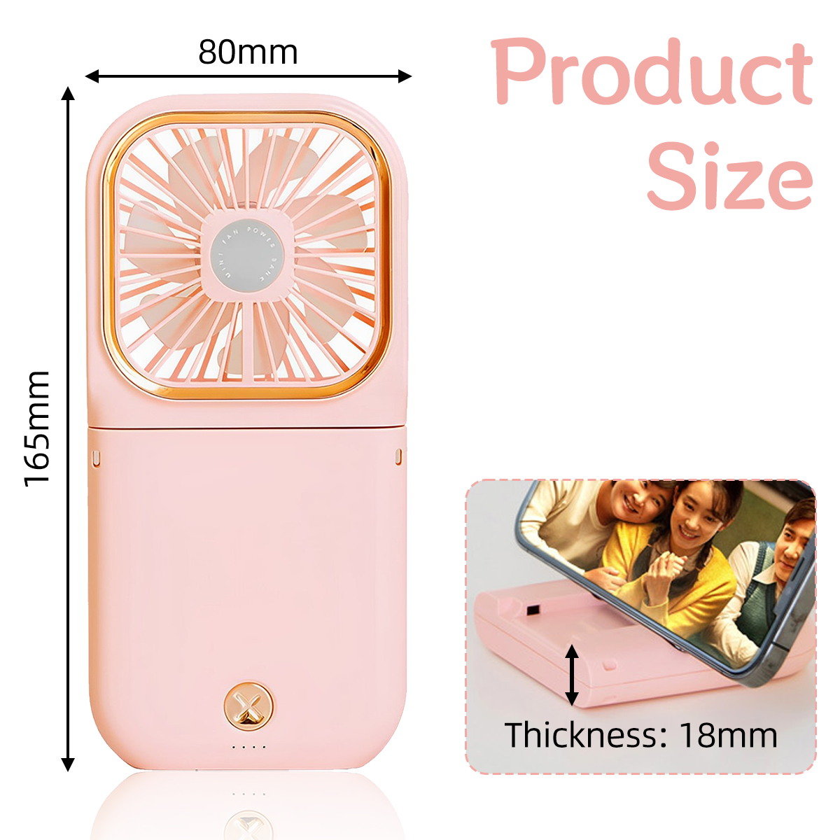 Ein rosafarbener Handventilator mit goldenem Rand, 165x80mm, und ein Smartphone mit Personen.