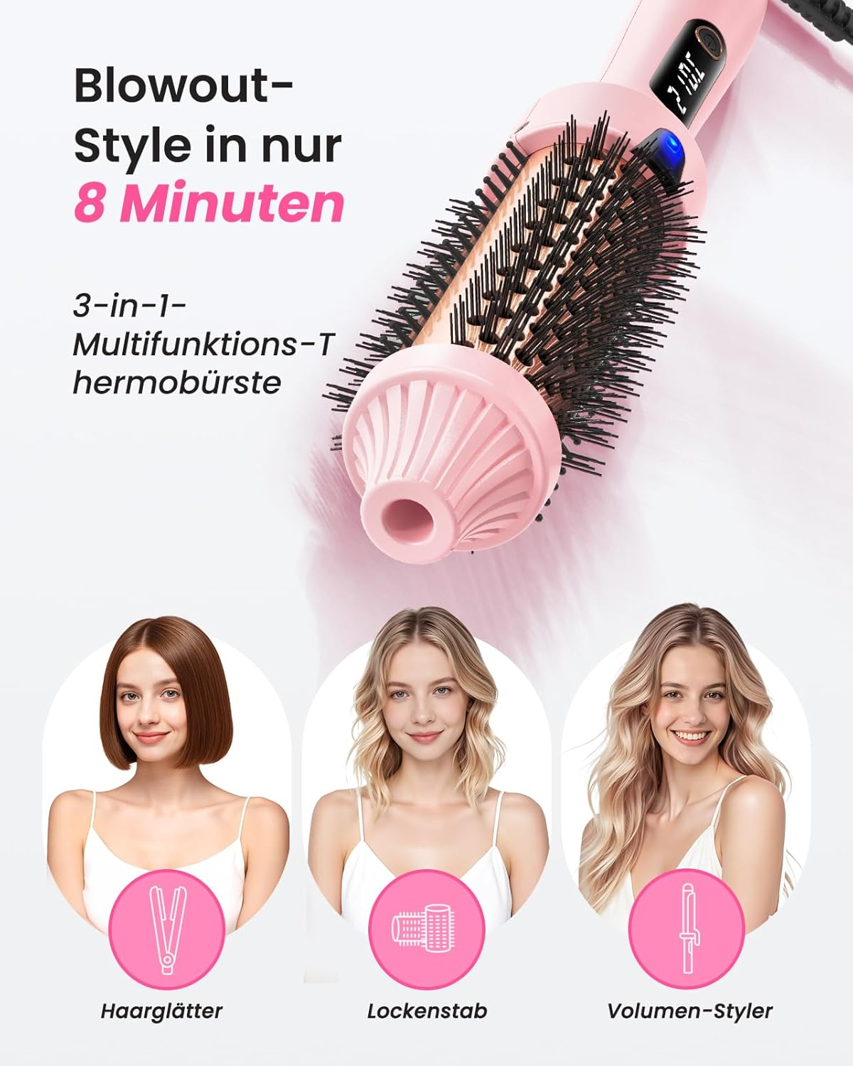 Rosafarbene 3-in-1-Heißluftbürste mit drei Styling-Beispielen: Glatt, Locken, Volumen.