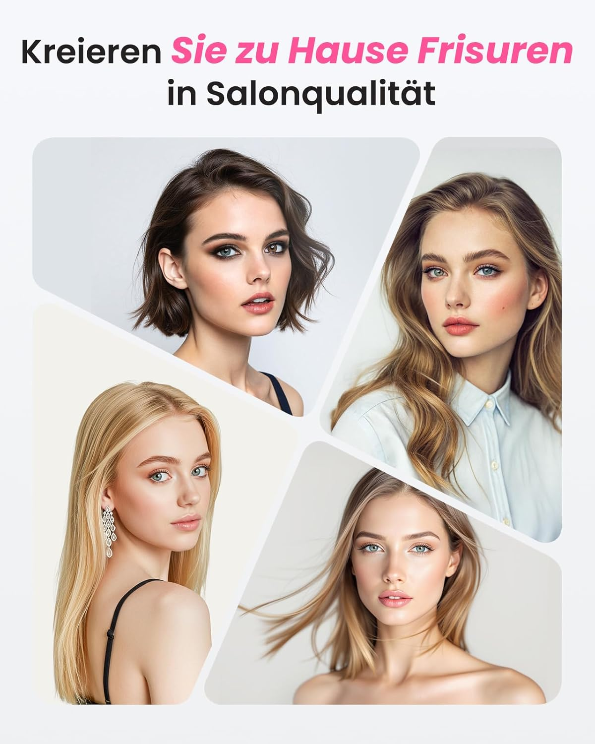 Vier Frauen mit unterschiedlichen Frisuren und Make-up.