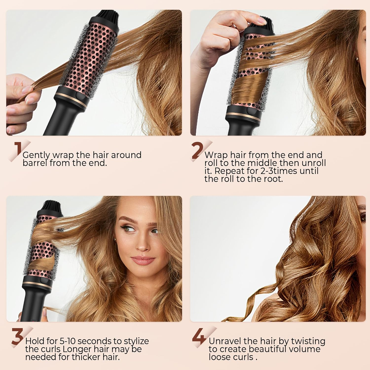 Schritt-für-Schritt-Anleitung zum Stylen von Haaren mit einem rotierenden Lockenstab.
