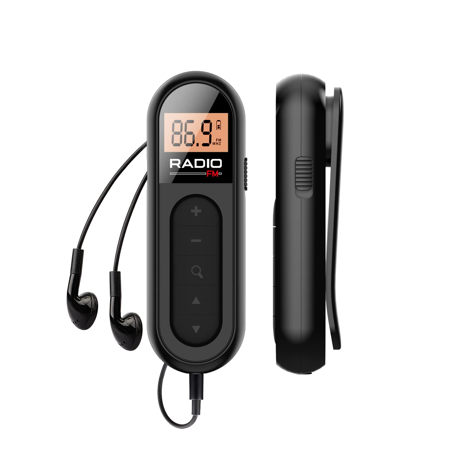 Schwarzer tragbarer FM-Radio-Player mit Ohrhörern und Clip. Zeigt 86,9 MHz an.