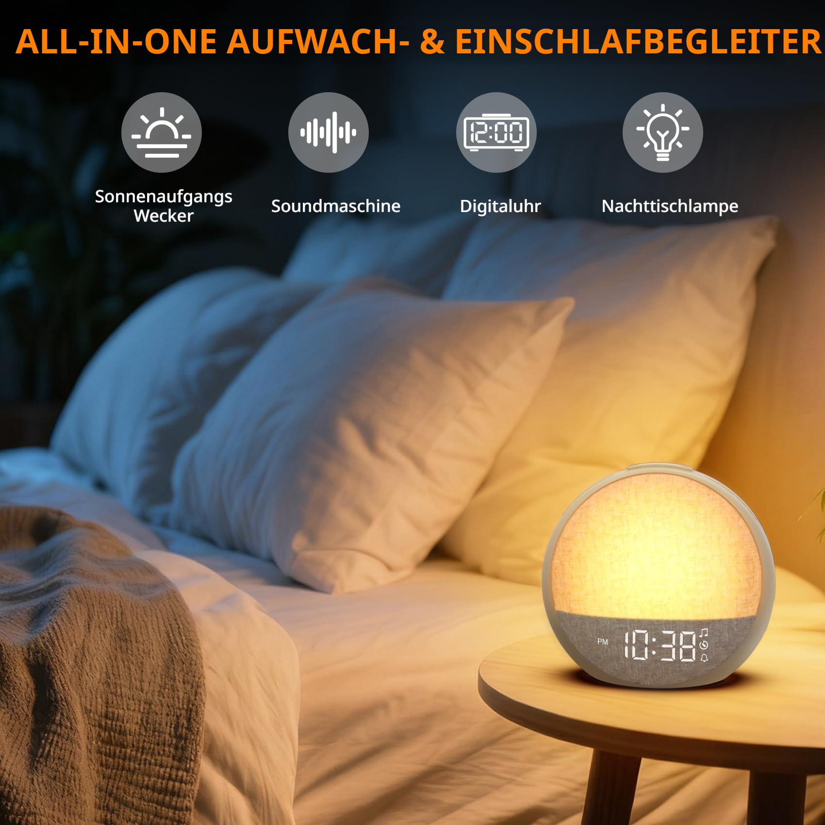 Ein Nachttisch mit einem Lichtwecker, der 10:38 anzeigt.