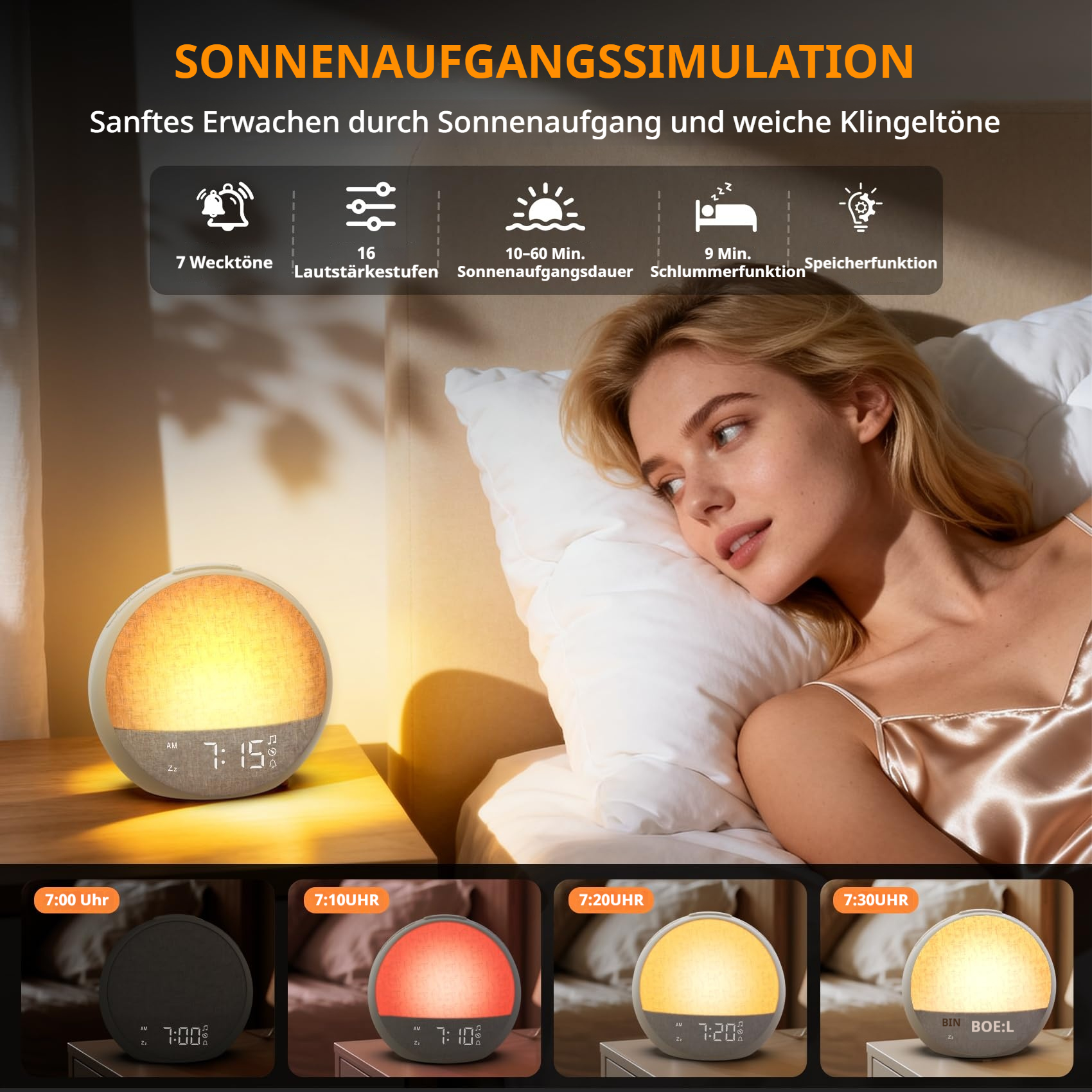 Wecker simuliert Sonnenaufgang mit 7 Tönen, 16 Stufen und Schlummerfunktion.