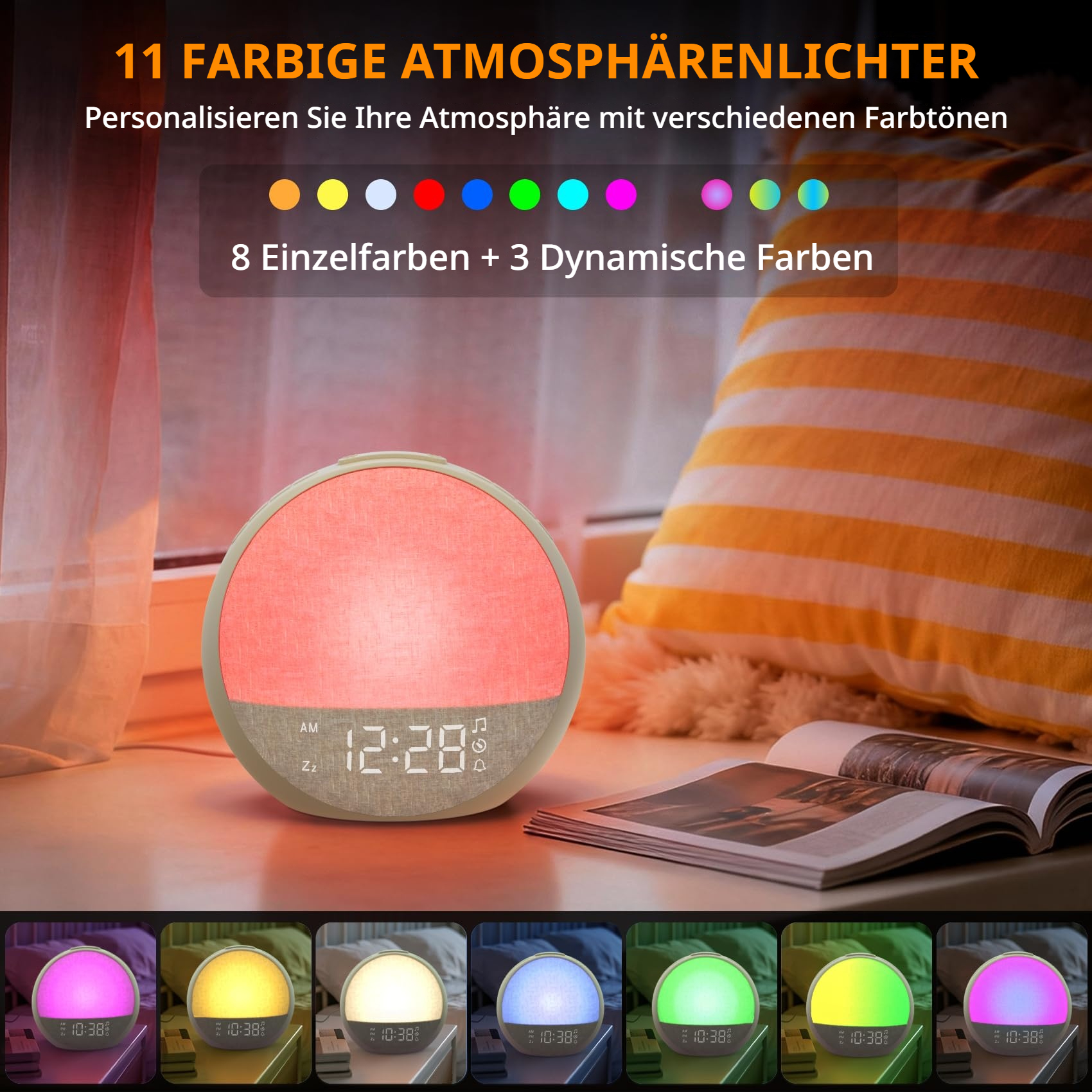Ein runder Nachttischwecker mit Farbwechsel-Licht und digitaler Zeitanzeige.