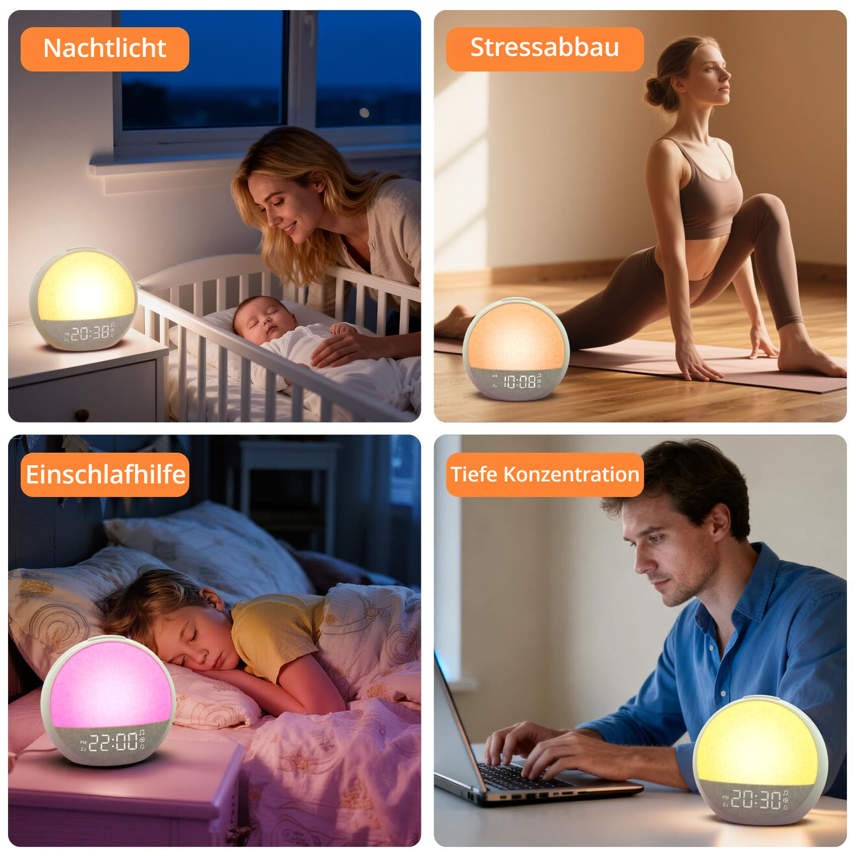 Eine Mutter schaut auf ihr Baby im Bett, neben einem Nachttischlicht.