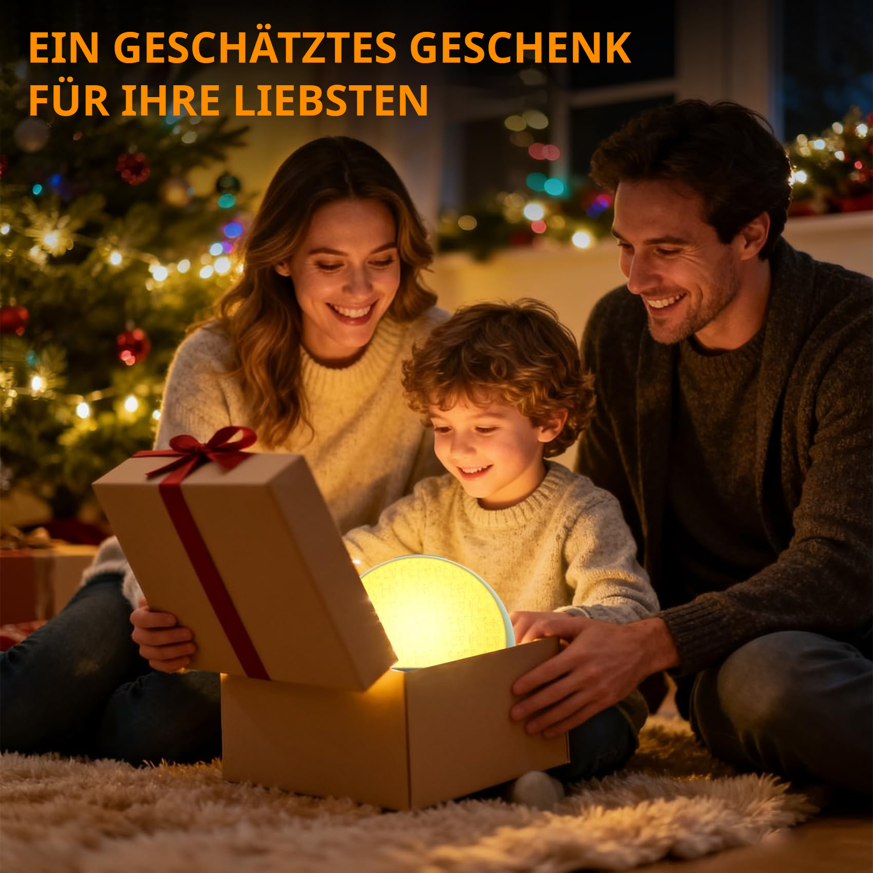 Eine Familie öffnet ein Geschenk vor einem Weihnachtsbaum.
