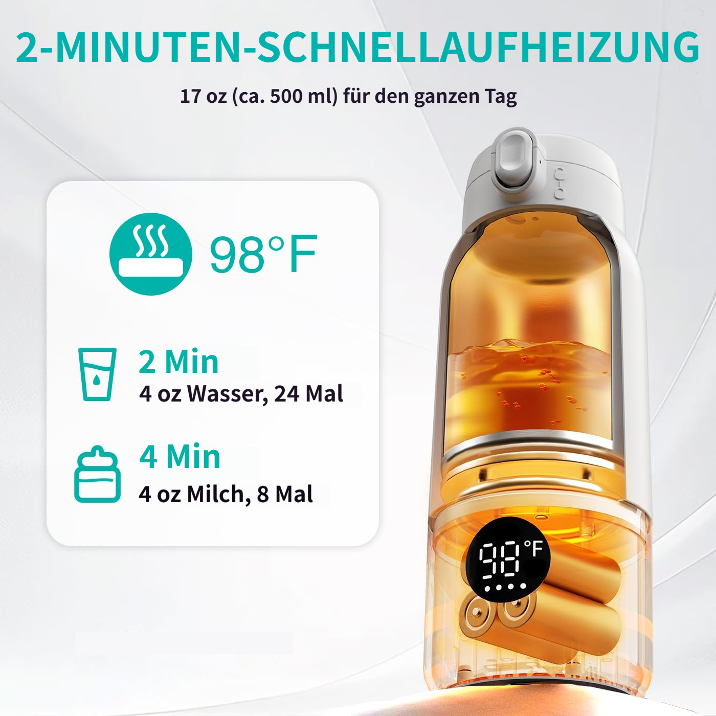 Schneller 2-Minuten-Heizer: 17 oz Flasche mit 98°F Anzeige. Heißt Wasser in 2 Min, Milch in 4 Min.