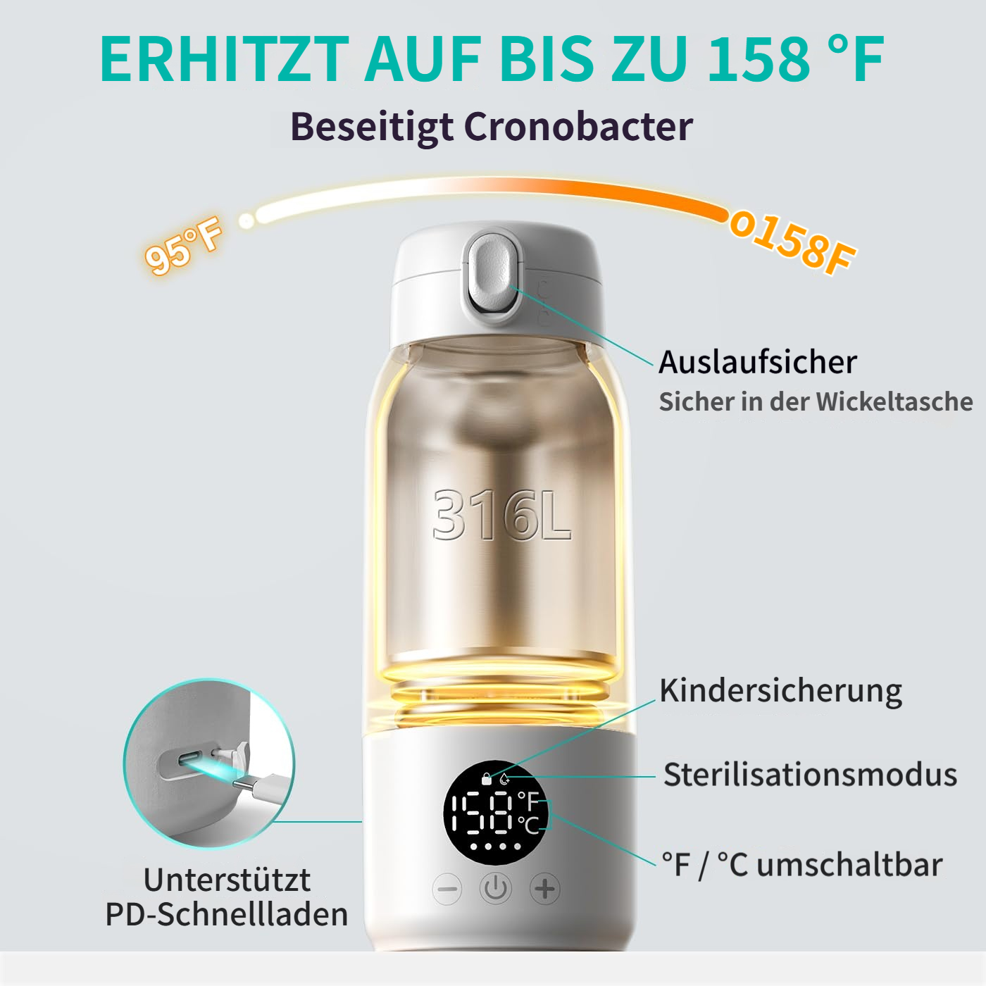 Thermosflasche erhitzt auf 158°F, beseitigt Cronobacter, ist auslaufsicher.