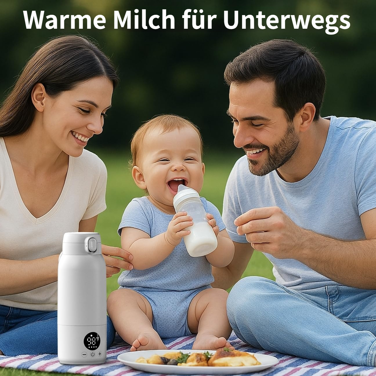 Familie im Park: Mutter, Vater und Baby mit Flasche und Thermoskanne. Fröhliche Stimmung.