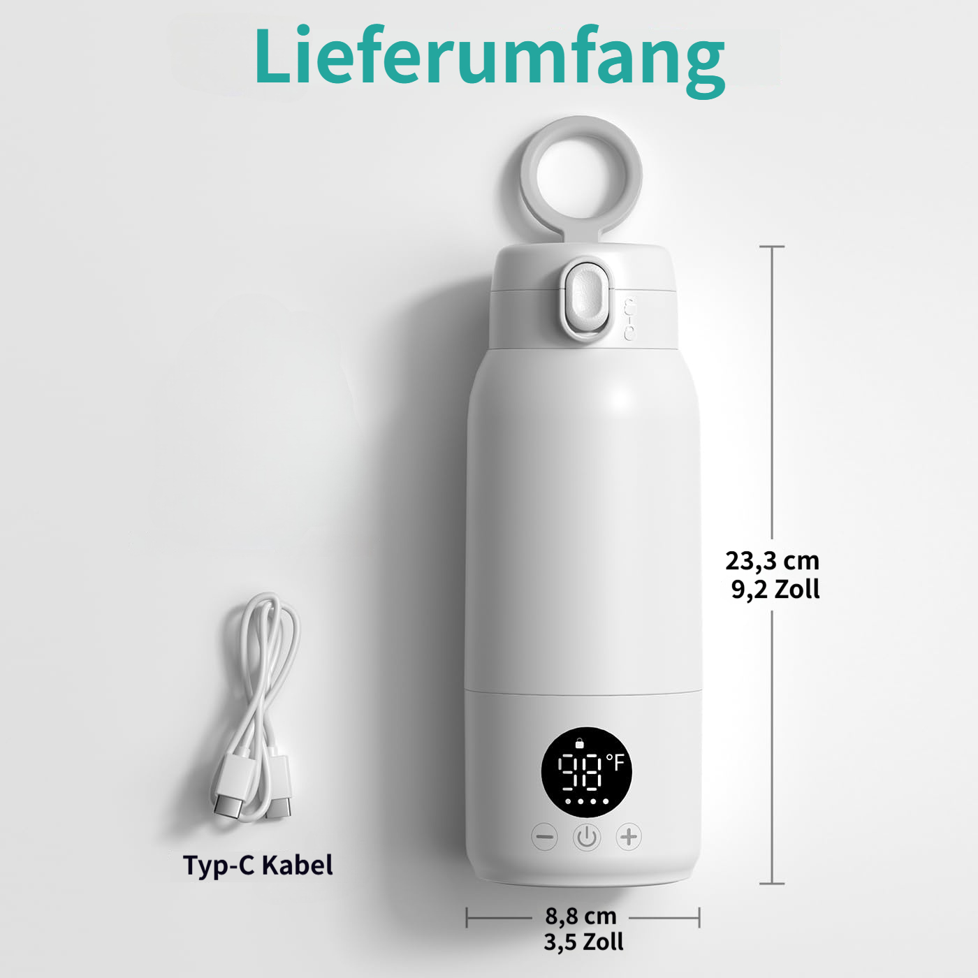 Ein weißer Thermobecher mit digitaler Anzeige und ein USB-C-Kabel.