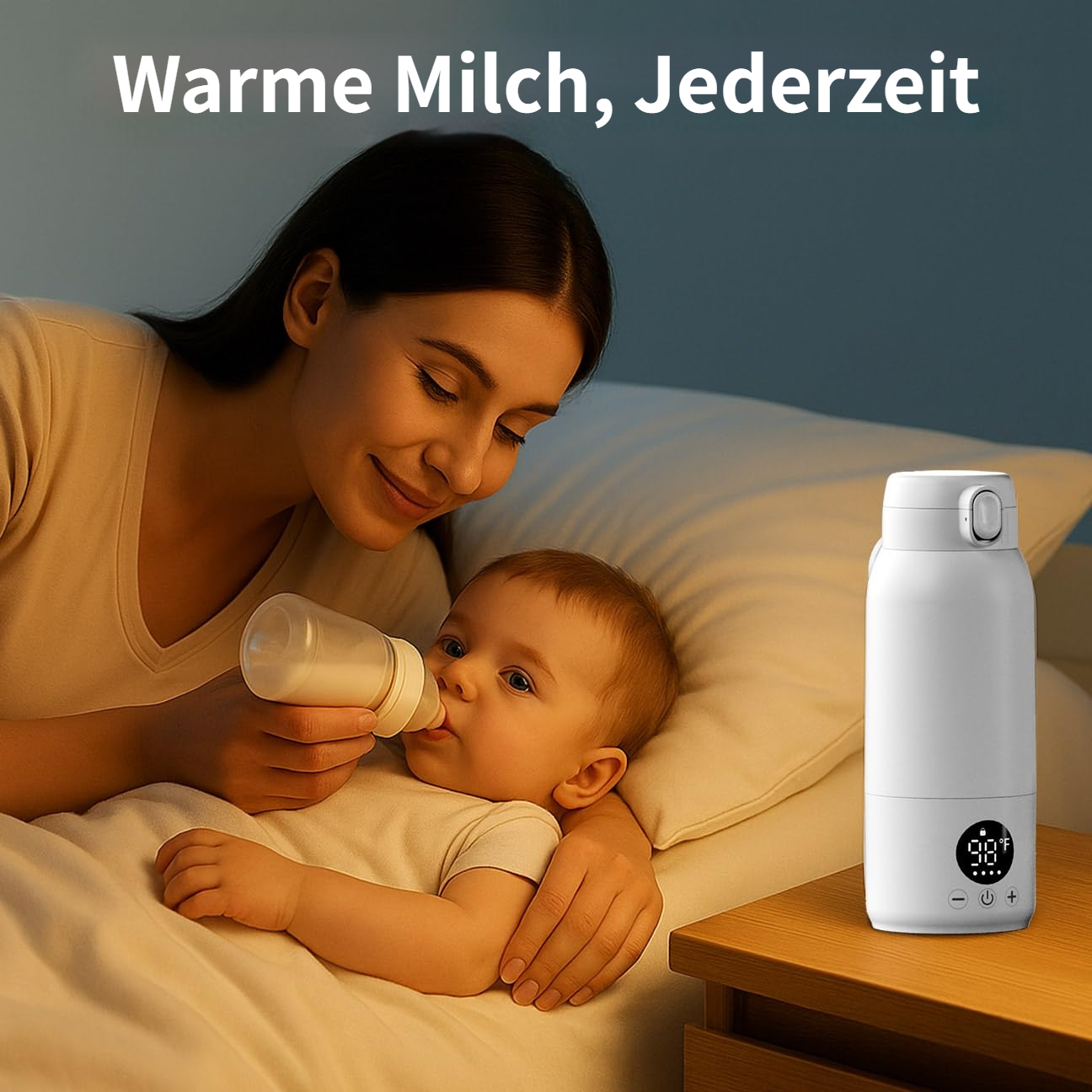 Mutter füttert Baby mit Flasche, daneben steht ein weißer Thermobecher mit digitaler Anzeige.