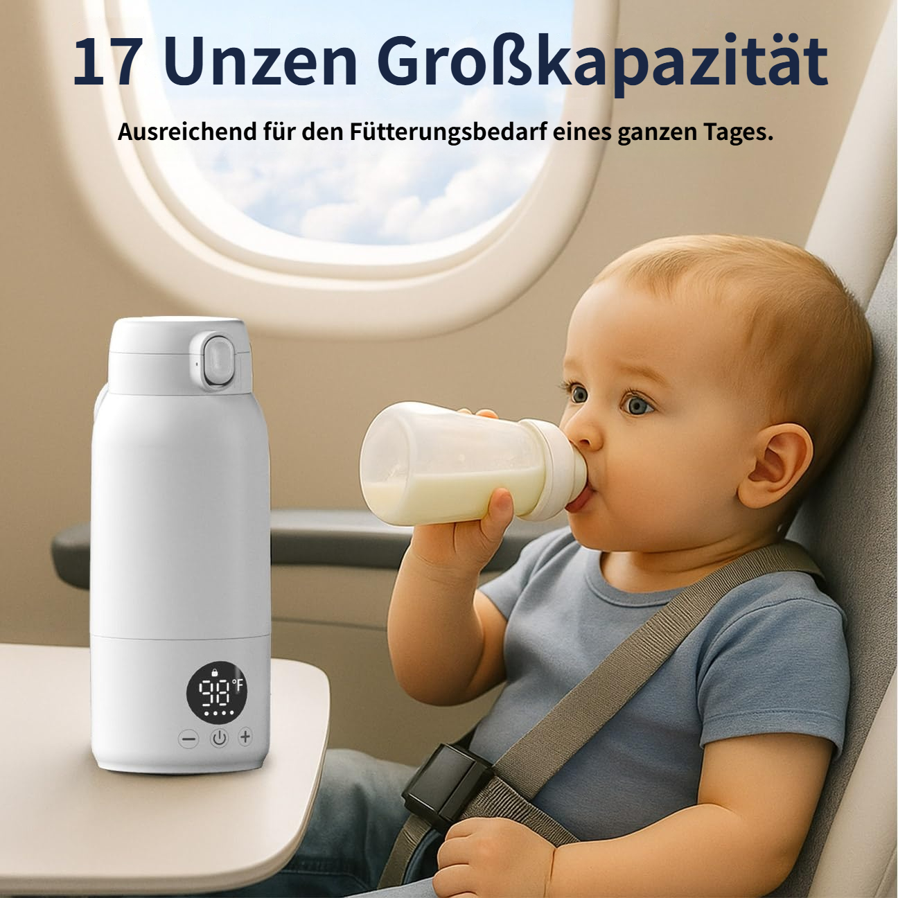 Baby trinkt aus Flasche im Flugzeug neben Thermoskanne mit Display.