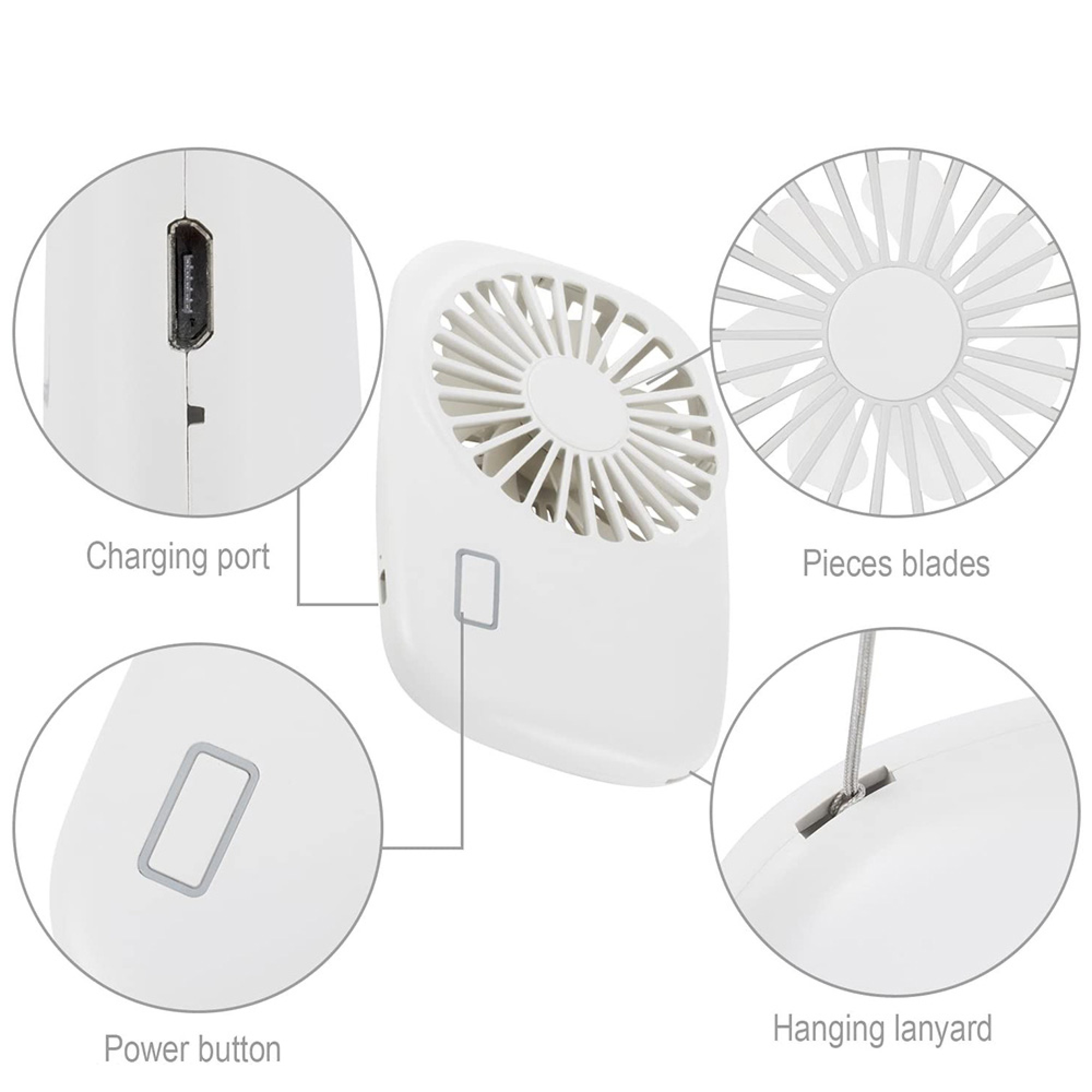 Ein weißer Ventilator mit Ladeanschluss, Ein-/Ausschalter und Aufhängeschlaufe.