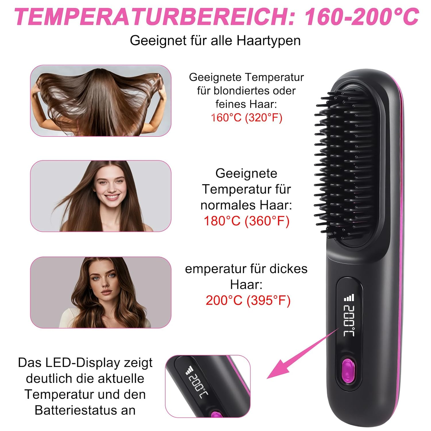 Haarglättungsbürste mit LED-Anzeige, Temperatur 160-200°C, für alle Haartypen.