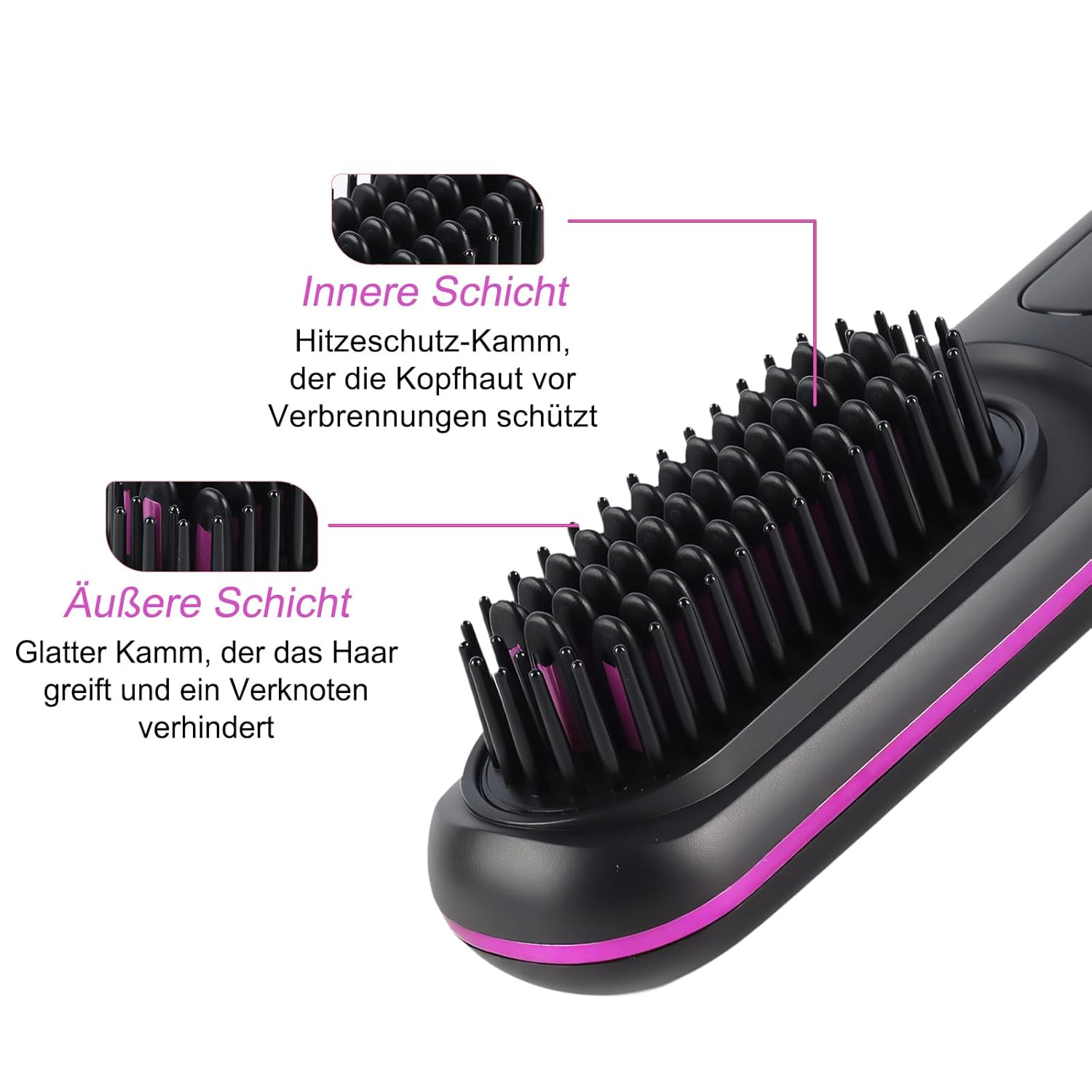 Detailansicht eines schwarzen Haarkamms mit pinken Akzenten, der innere und äußere Schichten zeigt.