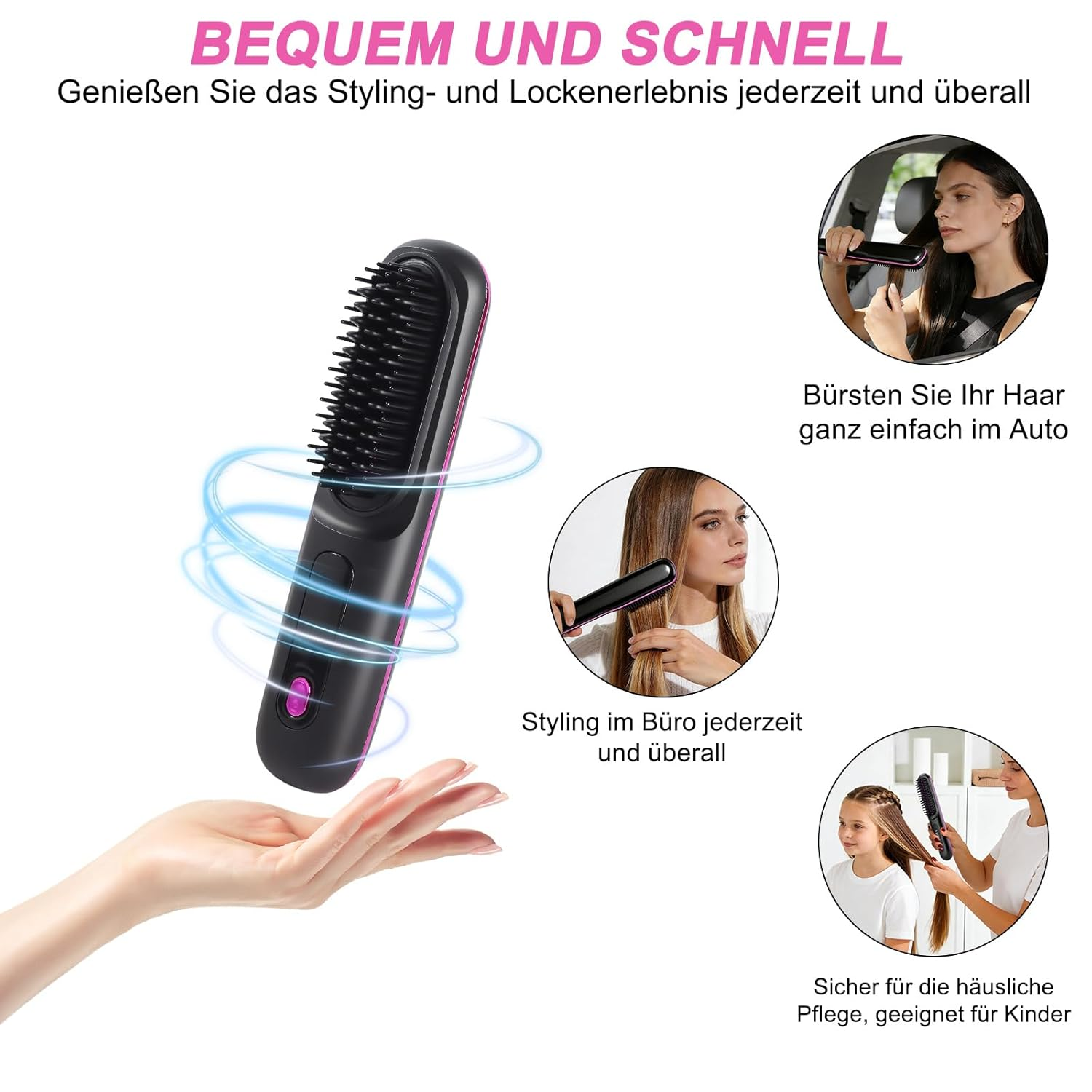 Ein elektrischer Haarstyler in Schwarz und Pink wird in einer Hand gehalten.