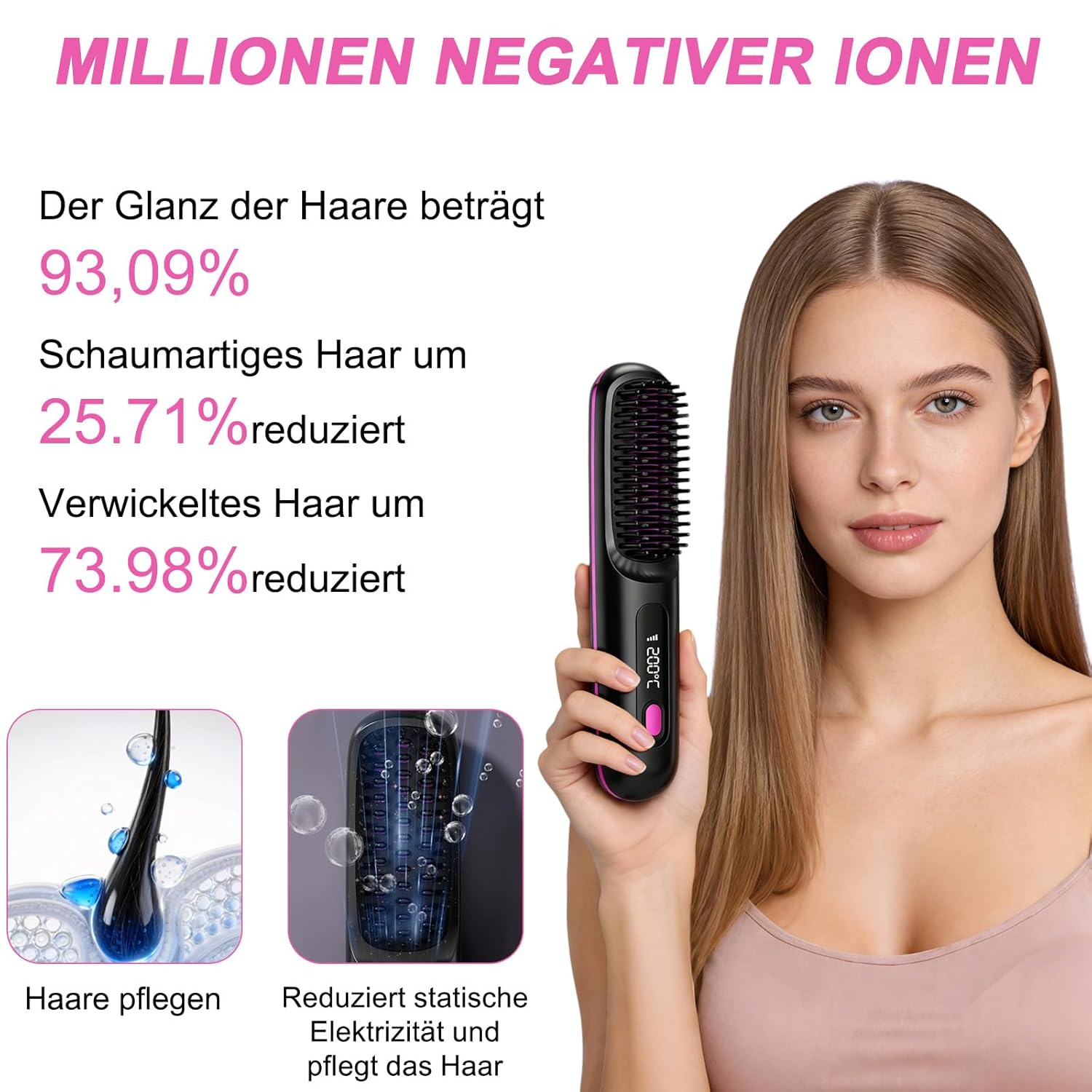 Frau hält einen schwarzen Haarglättungsbürsten mit lila Akzenten. Text über negative Ionen.