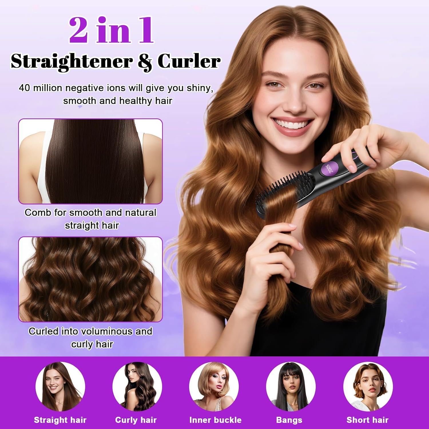 Frau mit einem 2-in-1-Glätteisen und Lockenstab, der glattes und lockiges Haar zeigt.