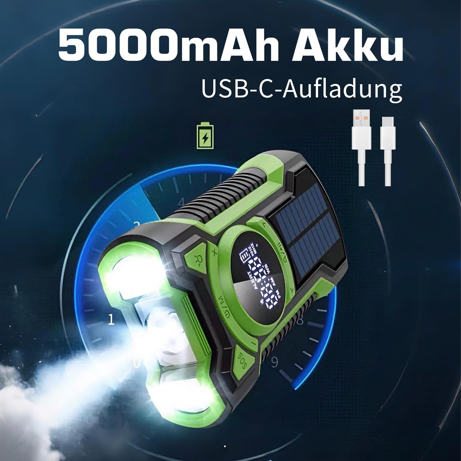 Grüne Taschenlampe mit Solarpanel, digitaler Anzeige und USB-C-Ladefunktion.