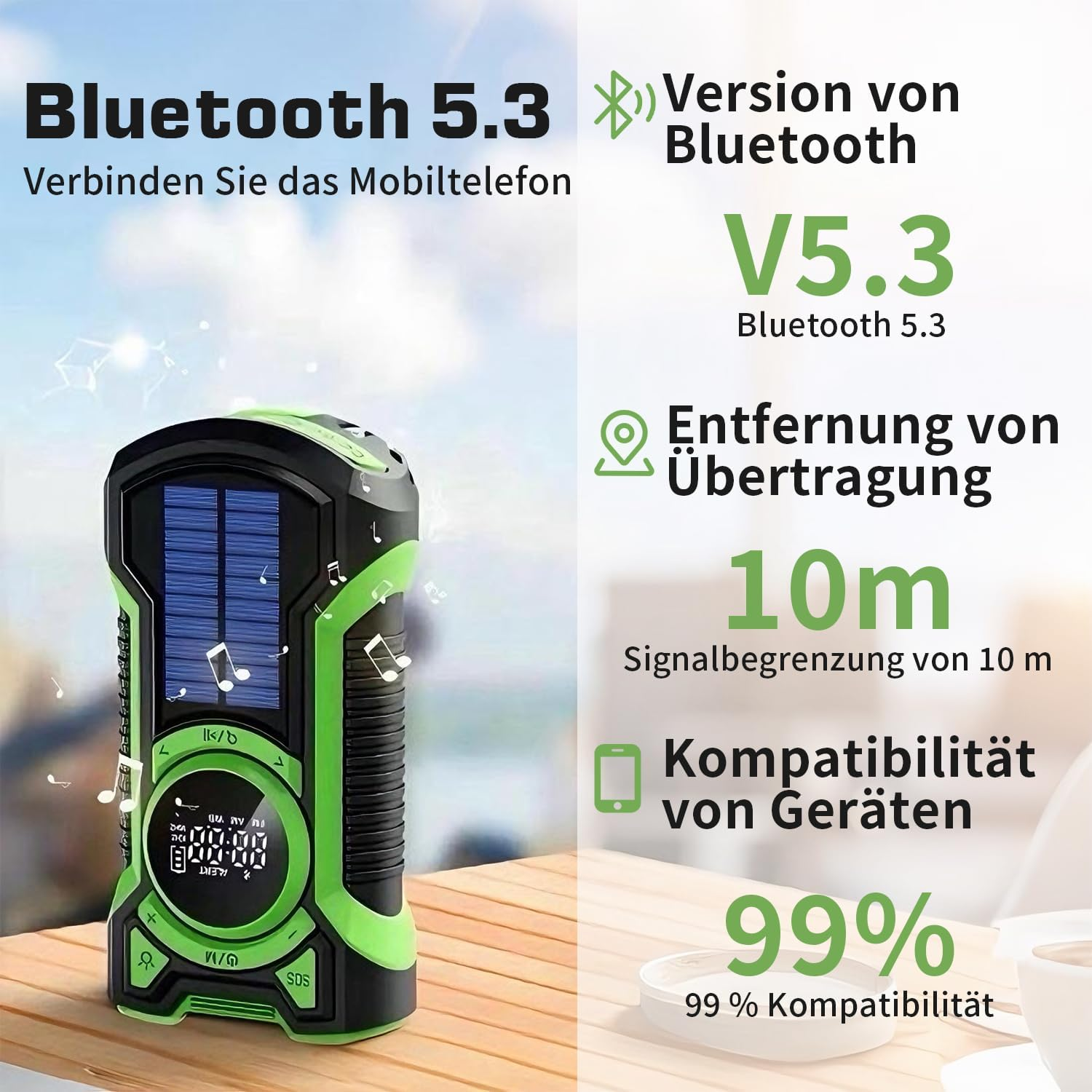 Grünes und schwarzes Bluetooth-Gerät mit Solarmodulen und Display.