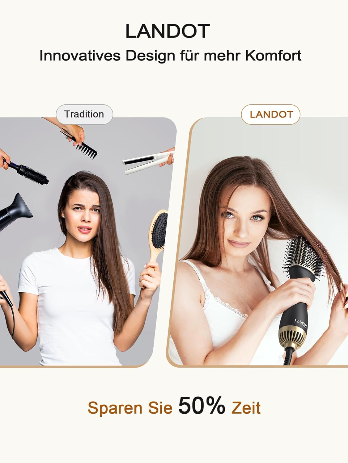 Frau mit Haartrockner und Bürste, daneben Frau mit Glätteisen. LANDOT.