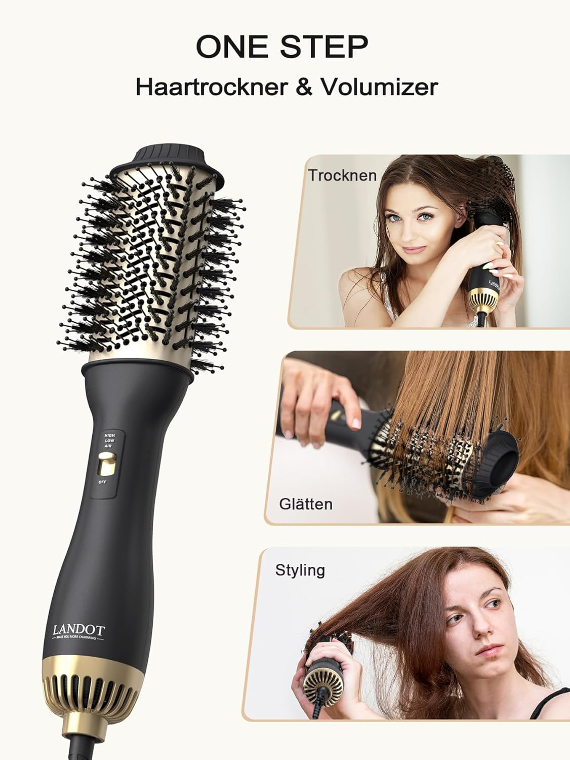 Ein runder Haartrockner- und Volumizer-Pinsel mit drei Frauen, die ihn benutzen.