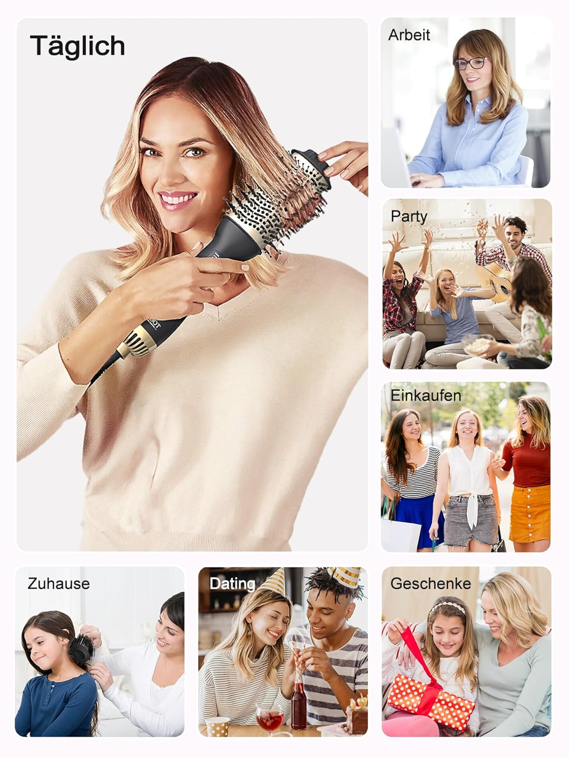 Frau stylt Haare mit Rundbürste. Kleiner Bild zeigt Arbeit, Party, Einkaufen, Zuhause, Dating, Geschenke.