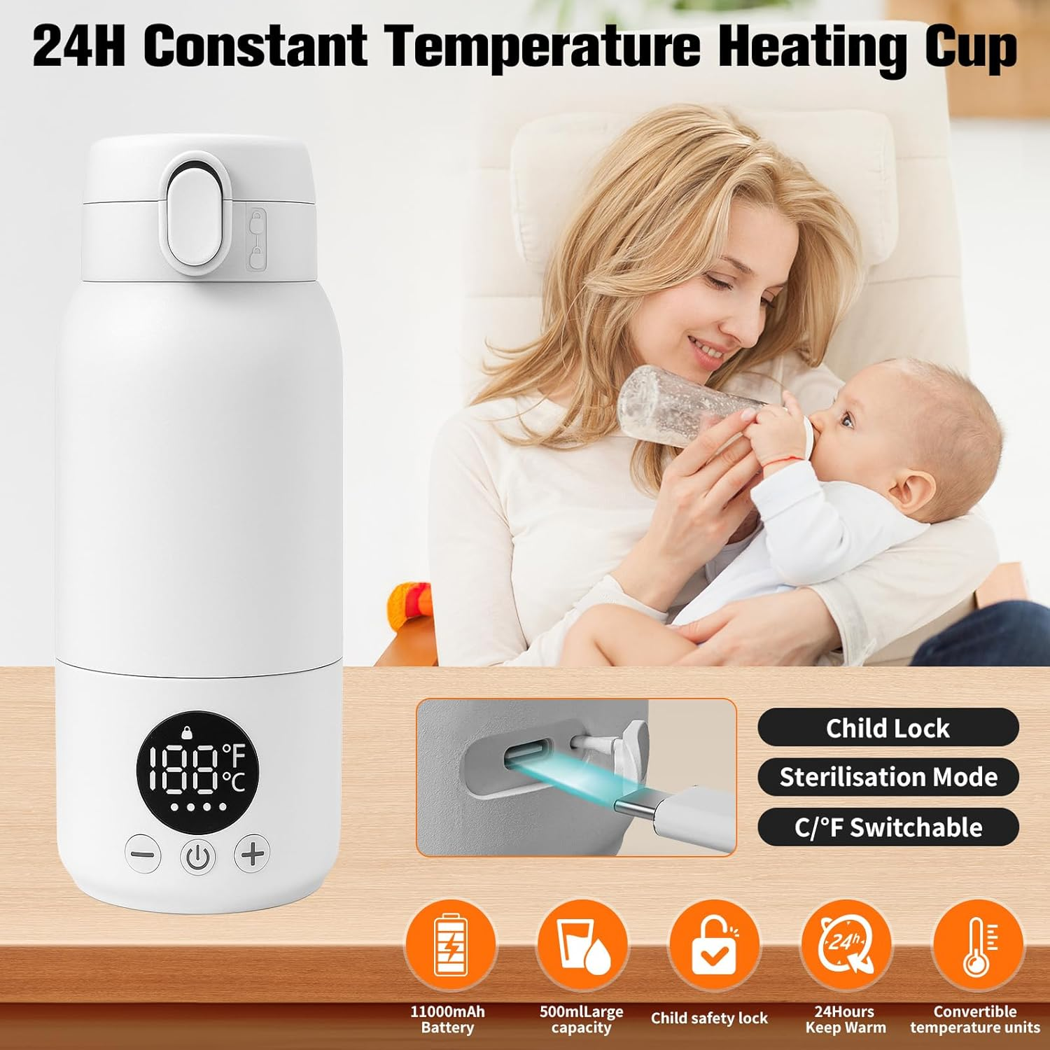 Eine Mutter füttert ein Baby mit einer Flasche neben einer weißen Heiztasse mit Digitalanzeige.