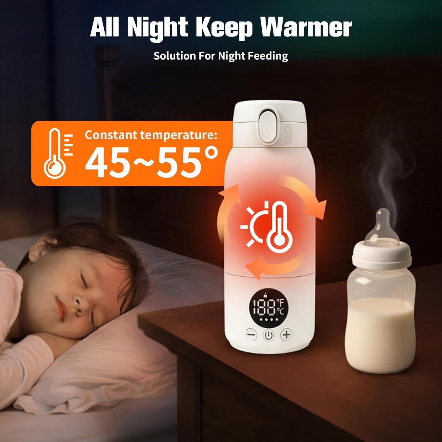 Ein schlafendes Kind neben einem Flaschenwärmer, der Milch warm hält.