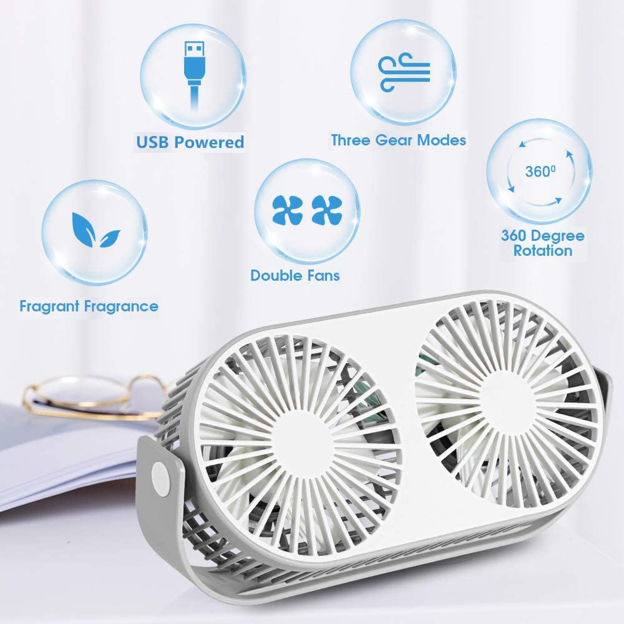 Ein weißer Doppelventilator mit grauen Akzenten steht auf einem Schreibtisch.