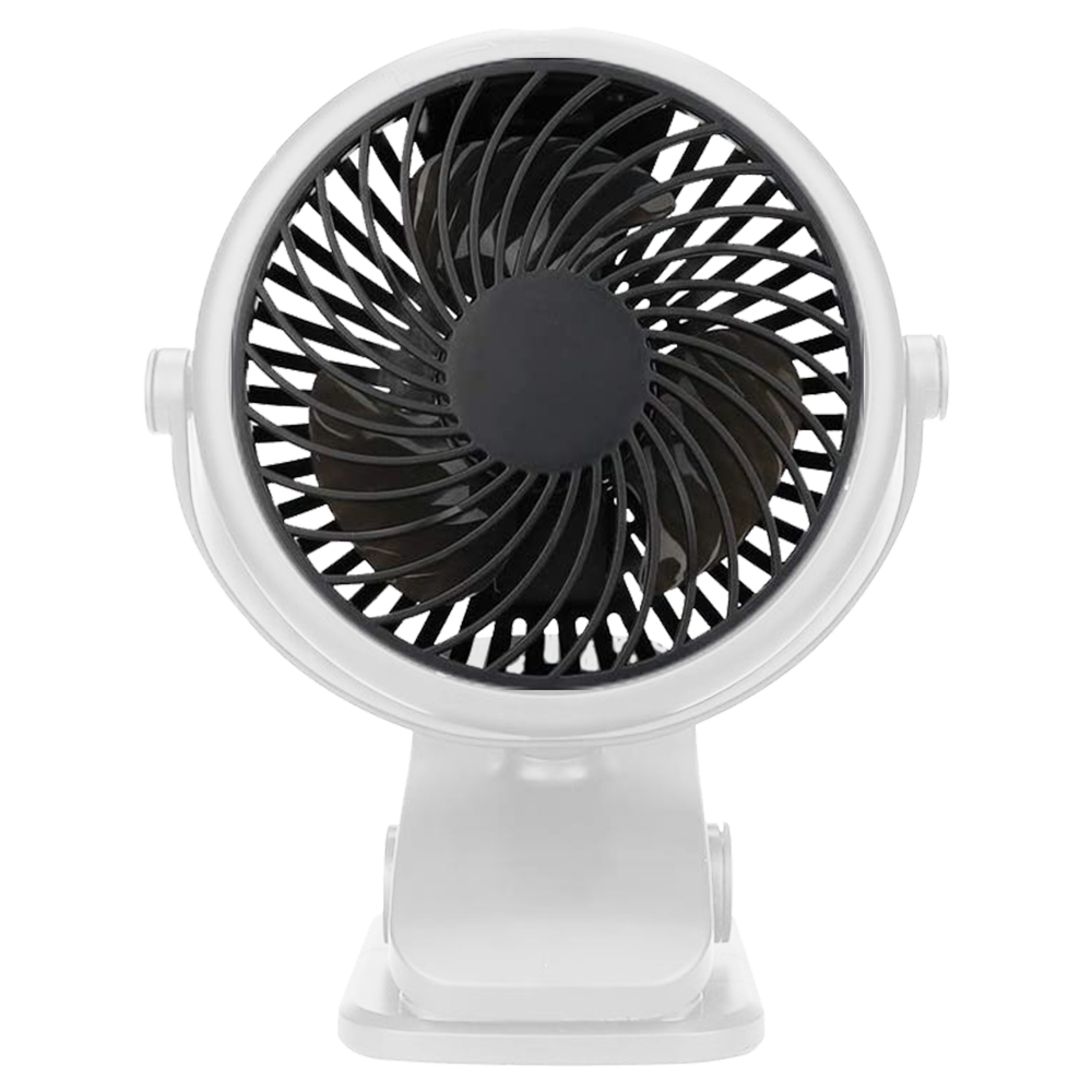 Ein kleiner, weißer Ventilator mit schwarzem Gitter und Rotor auf einem Klemmfuß.
