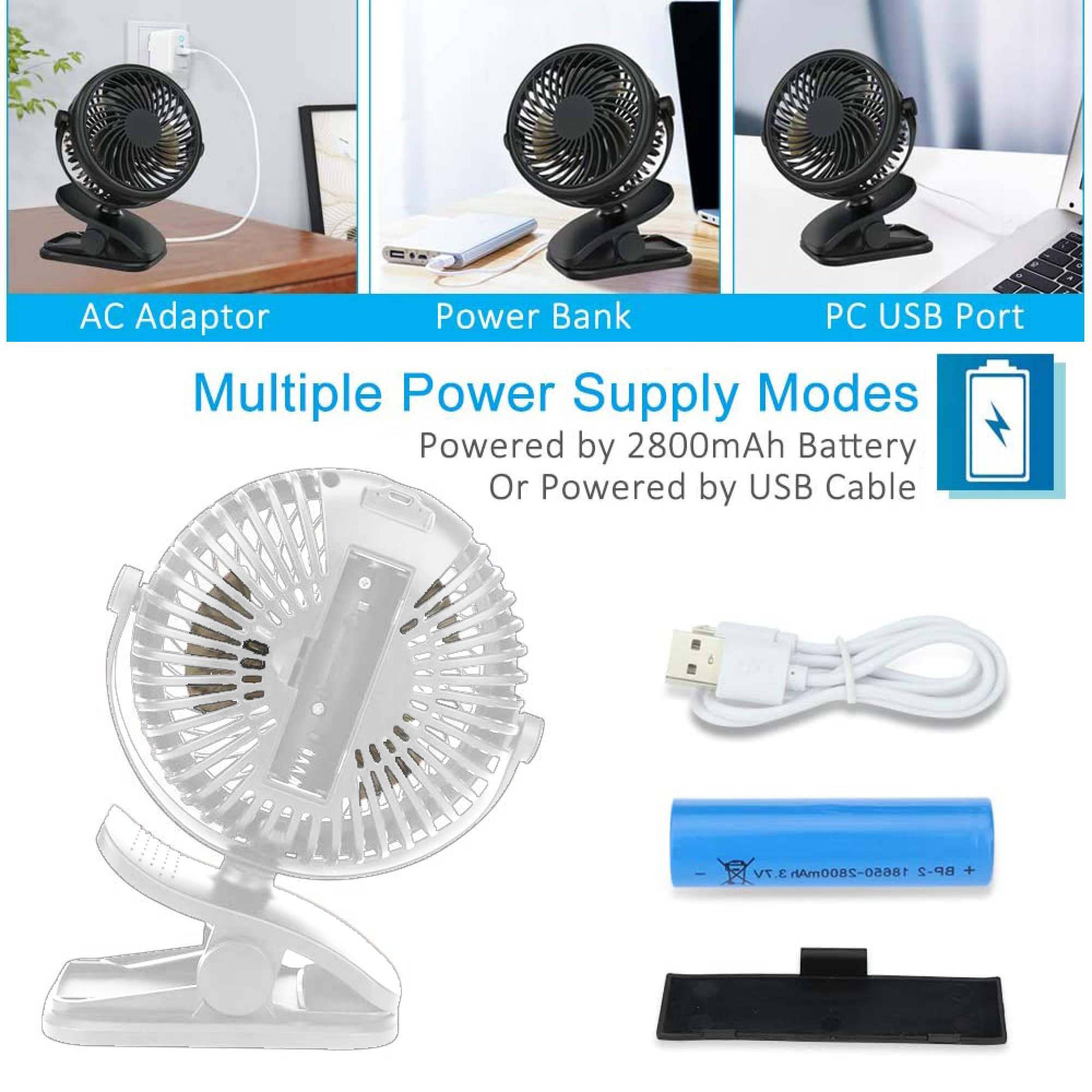 Kleiner Clip-Ventilator mit USB-Kabel und Akku, verschiedene Stromversorgungsmodi.